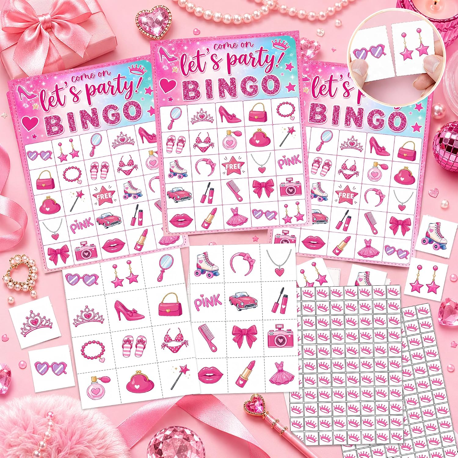 Pink Glitter Bingo Cards, 24 Player Party Game for Teens and Adults