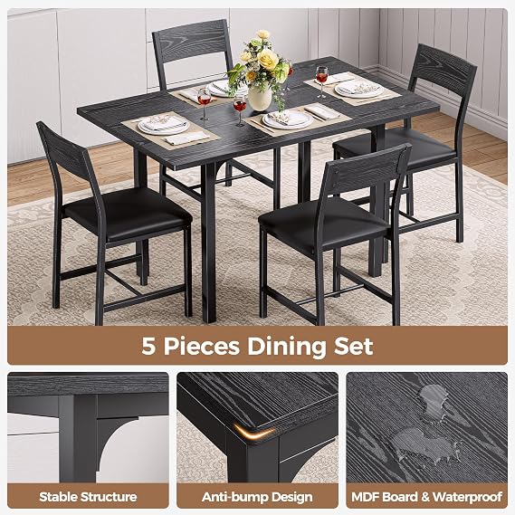 IRONCK Dining Table Set for 4, Extendable Kitchen Table Chairs Set of 4 | Dining Room Table with 4 Upholstered Chairs, Folding for Small Space, Apartment, Black