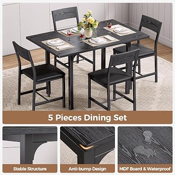 IRONCK Dining Table Set for 4, Extendable Kitchen Table Chairs Set of 4 | Dining Room Table with 4 Upholstered Chairs, Folding for Small Space, Apartment, Black