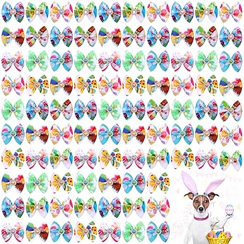 90 Pcs Dog Hair Bows Grooming Dog Hair Accessories Bows with Rubber Bands Pet Puppy Hair Bows Random Styles Dog Topknot Bows for Small Dogs Cats for Christmas St. Patrick's Day Easter (Fresh Style)