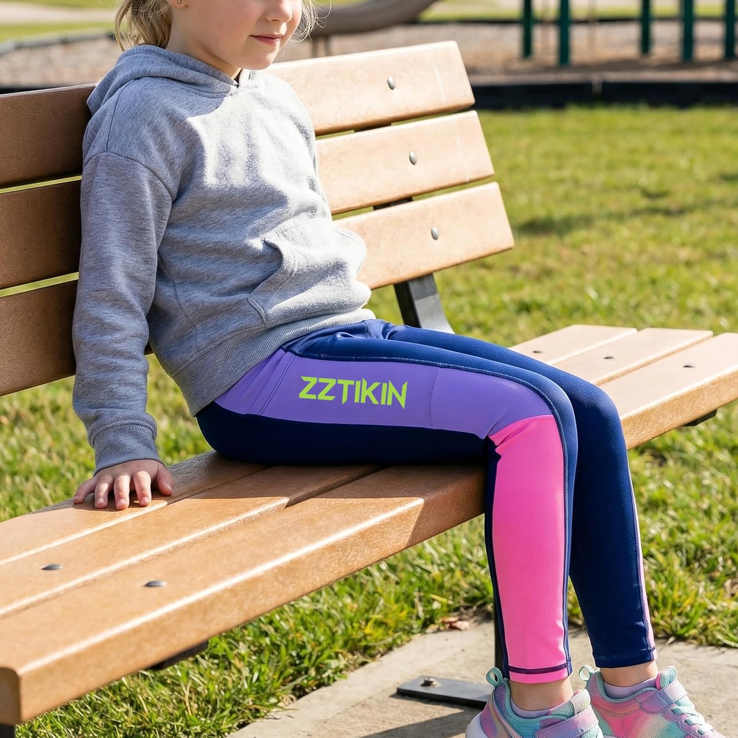 Girls' Colorblock Athletic Leggings with Pockets, High Waisted Yoga Pants， Quick-Dry Stretchy Running Dance Tights
