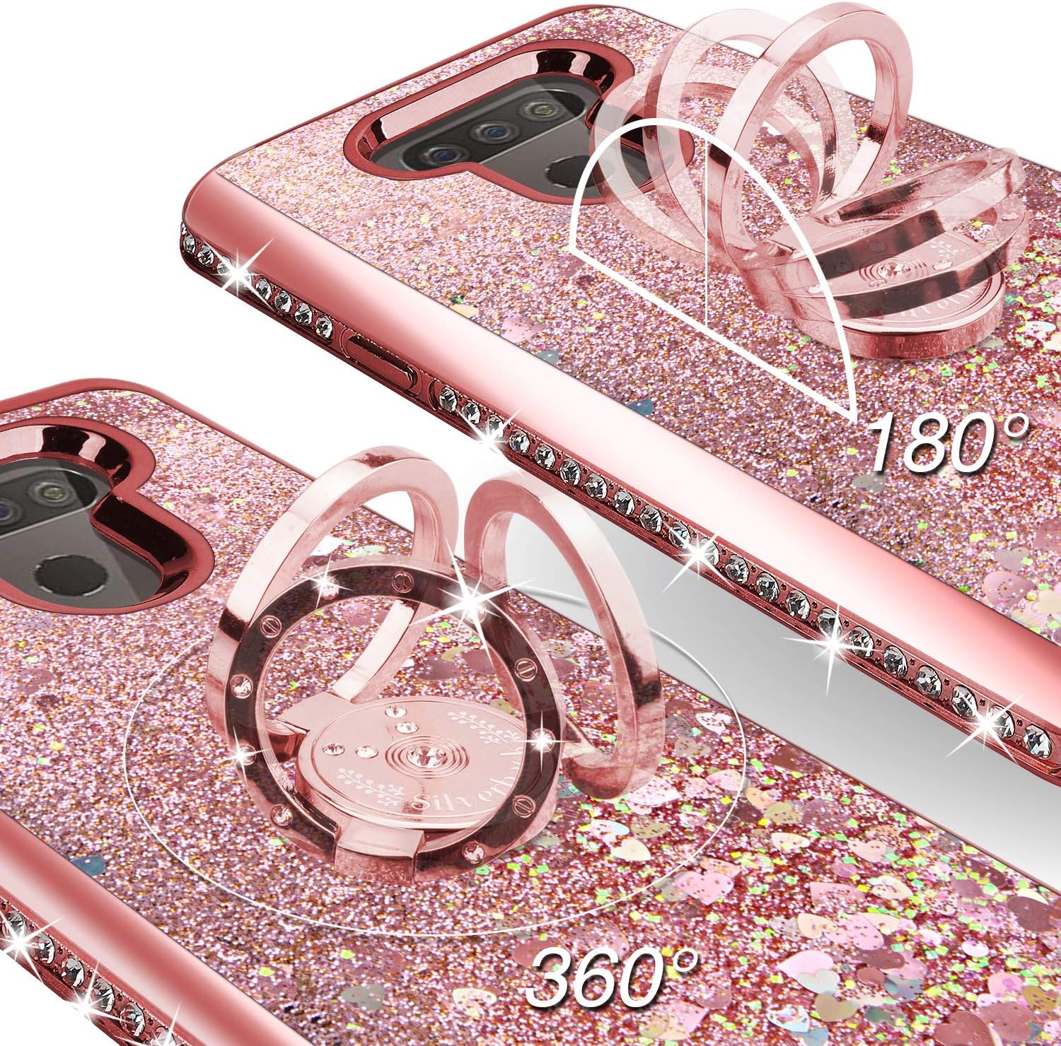 Silverback for LG Harmony 4 Case,LG Xpression Plus 3/Premier Pro Plus case, Moving Liquid Holographic Sparkle Glitter Case with Kickstand, Bling Ring Stand LG Harmony 4 for Girls Women -Rose Gold