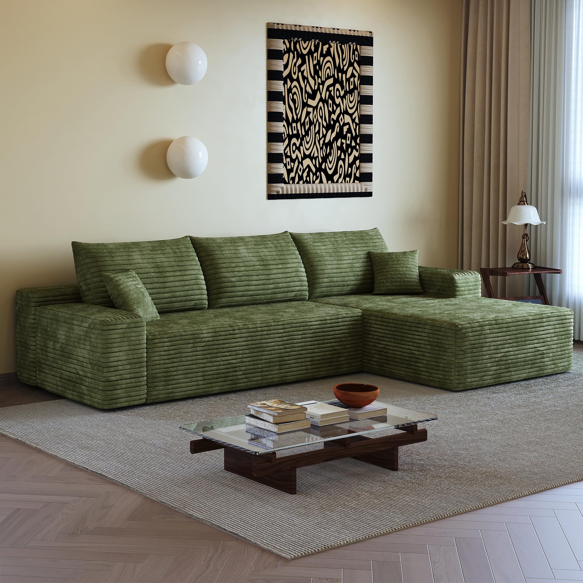 Canapé modulaire 270 cm, canape Dangle 3 Places pour Salon, Chambre, avec méridienne, Assise Profonde, Velours côtelé, livré compressé, canapé d'angle compressé （Méridienne à Droite）