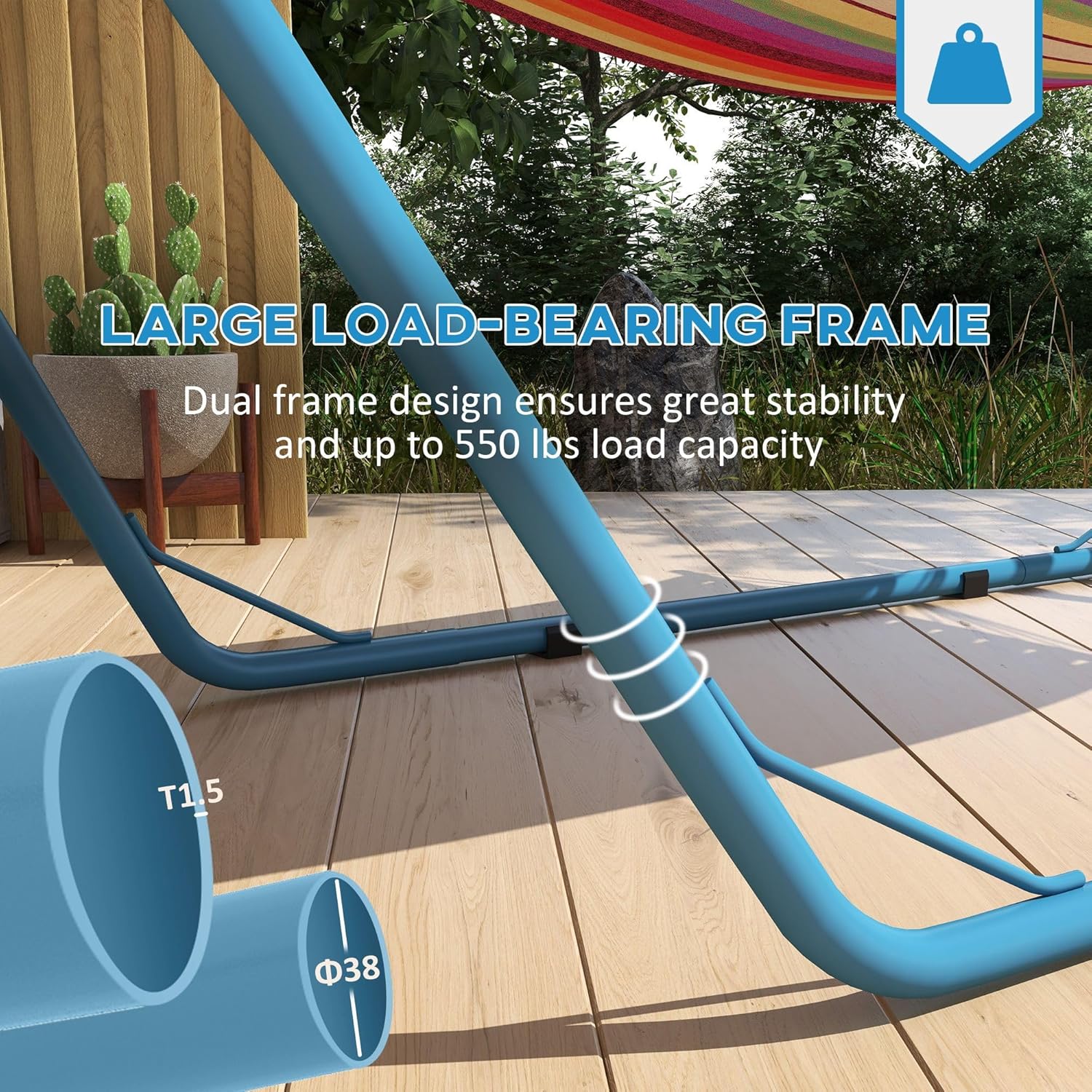Powder-Coated Steel Hammock Stand in Sky Blue: 124" L x 46" H, 550lb Weight Limit, Fits Hammocks up to 14.1ft, No Trees Needed