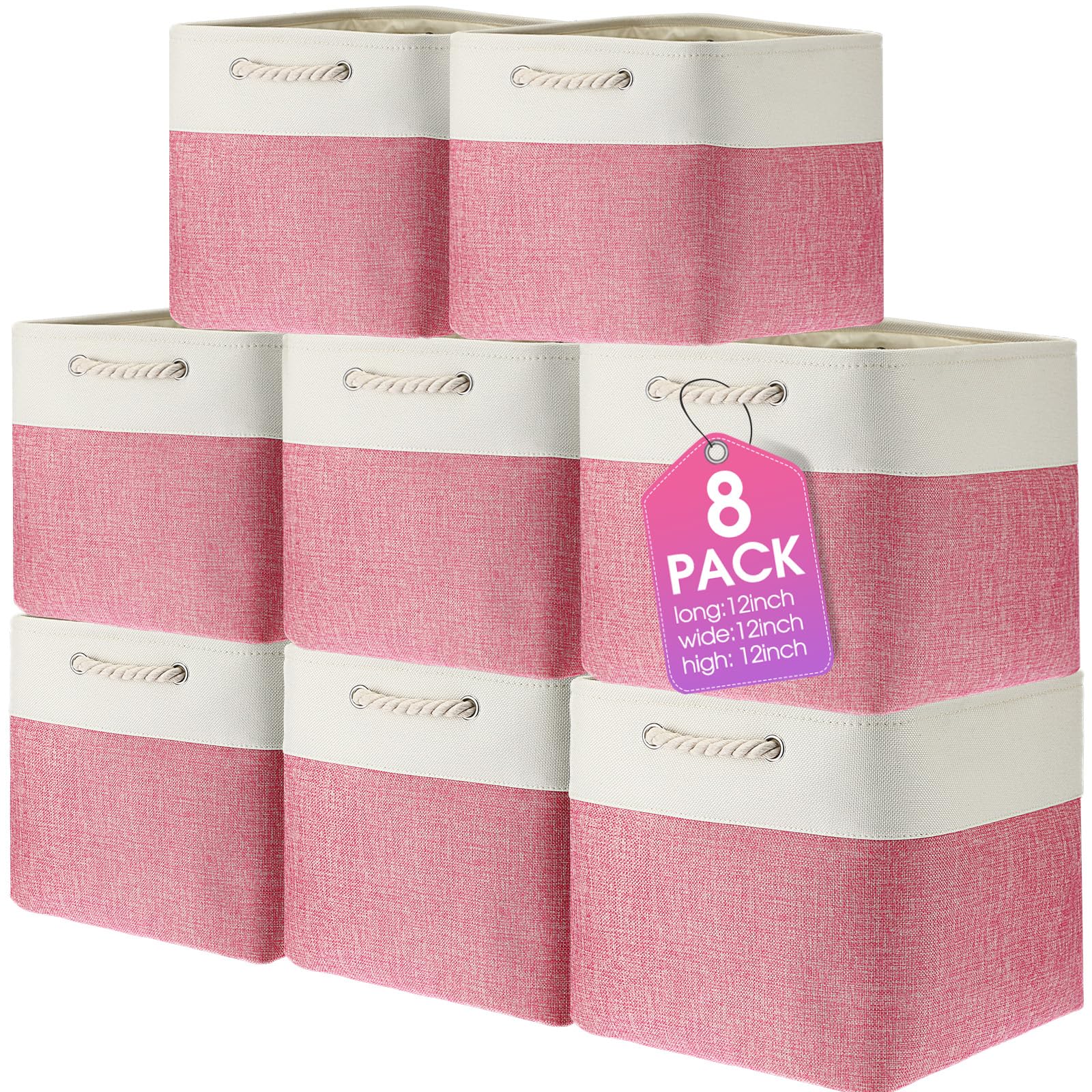meekoo 8 Pack Collapsible Storage Bins Fabric Storage Bins Polyester Fabric Storage Baskets with Handles Linen Closet Organizer for Shelf Home Closet Towels Toys (Pink White,12 x 12 x 12 In)