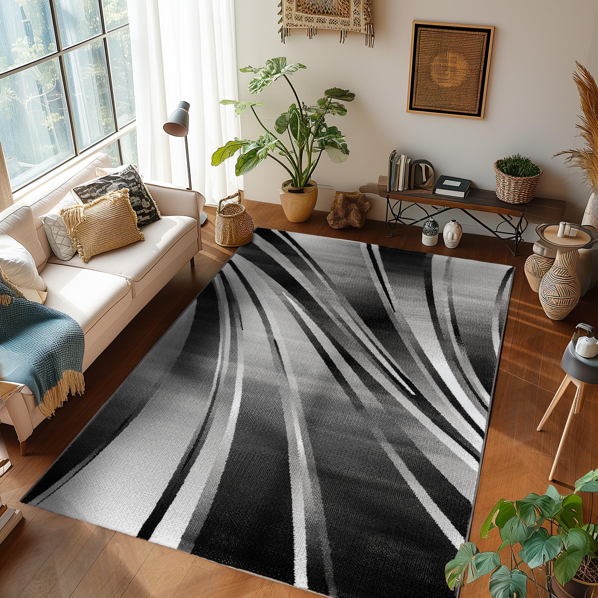 SIMPEX Tappeti a pelo corto, Disegno astratto delle onde, Tappeto Nero, 120 x 170 cm, Tappeti in stile moderno, Tappeto soggiorno