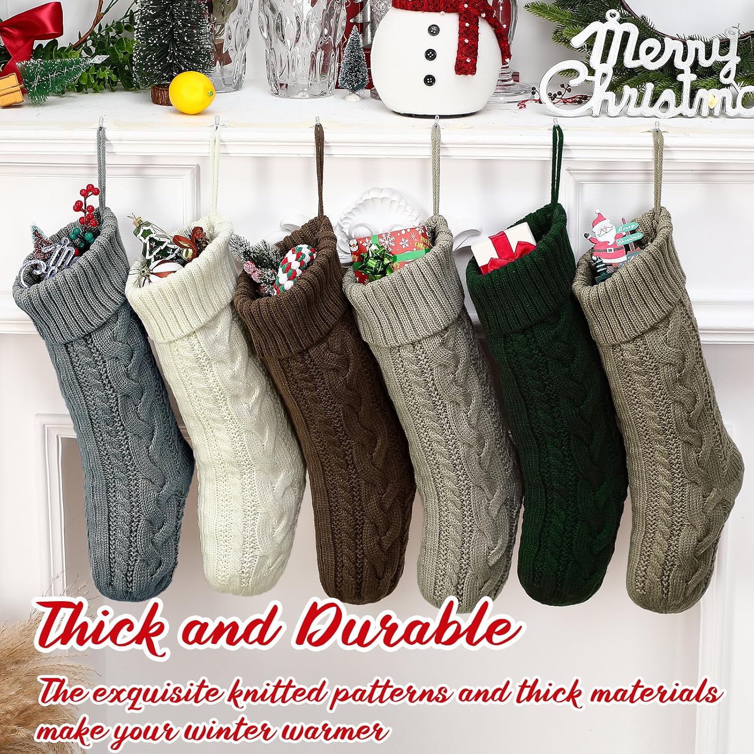 Shyyween 6 Pcs Neutral Personalized Christmas Stockings Set, 18 Inch Rustic Farmhouse Knitted Xmas Stockings with Name Tags, Boho Earth Tones Gifts for Fireplace Mantel Family Holiday Decoration