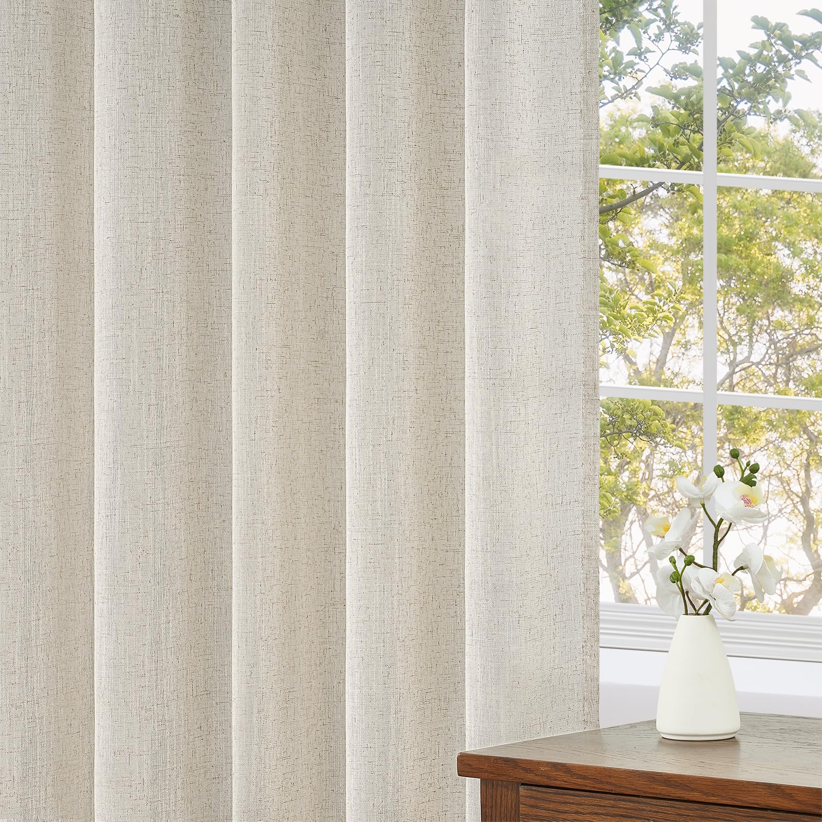 Topfinel 1 Pièce 300x240cm(LxH) Rideaux en Lin Bohèmes Rideau de Salon Rideaux Semi-Transparents avec Ruban À Volants Rideau Beige Naturel pour Système De Rail