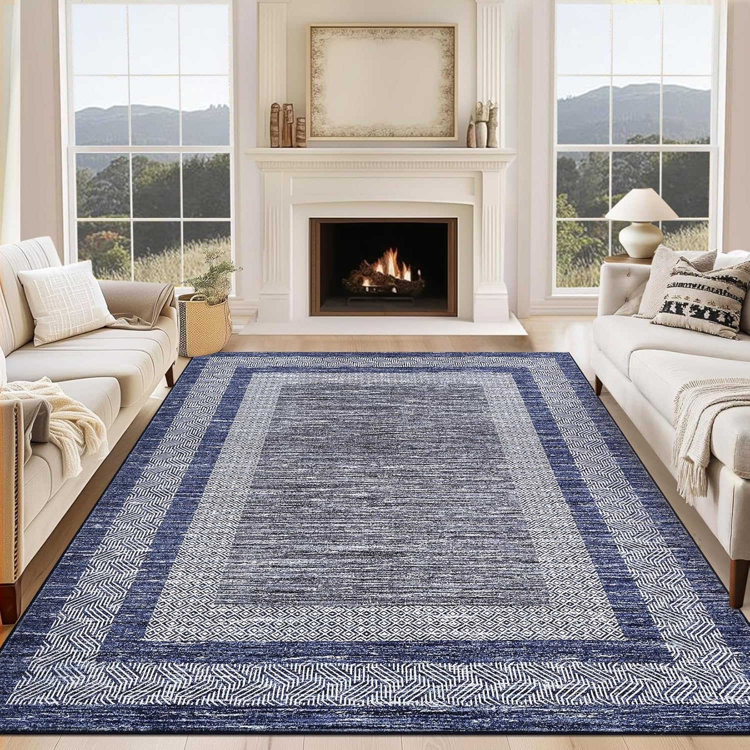 GarveeHome Modern Geometric Area Rug 5x7 Distressed Bordered Rug Washable Non Slip Floor Carpet Non Shedding Thin Rug, Soft Low Pile Rug, Contemporary Blue Rug for Dining Room, Living Room