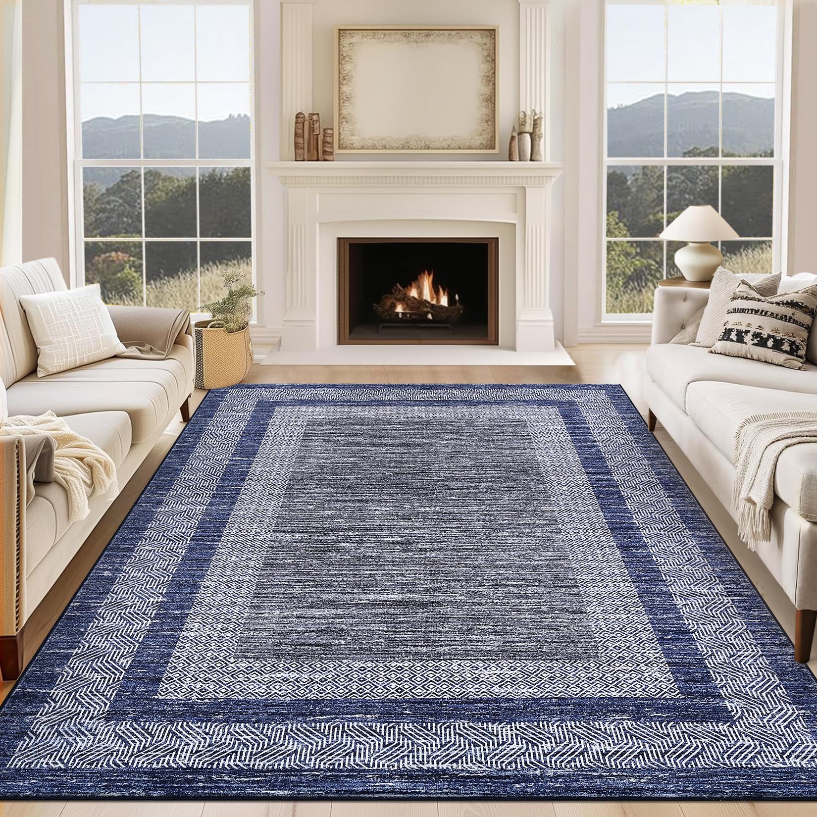 GarveeHome Modern Geometric Area Rug 5x7 Distressed Bordered Rug Washable Non Slip Floor Carpet Non Shedding Thin Rug, Soft Low Pile Rug, Contemporary