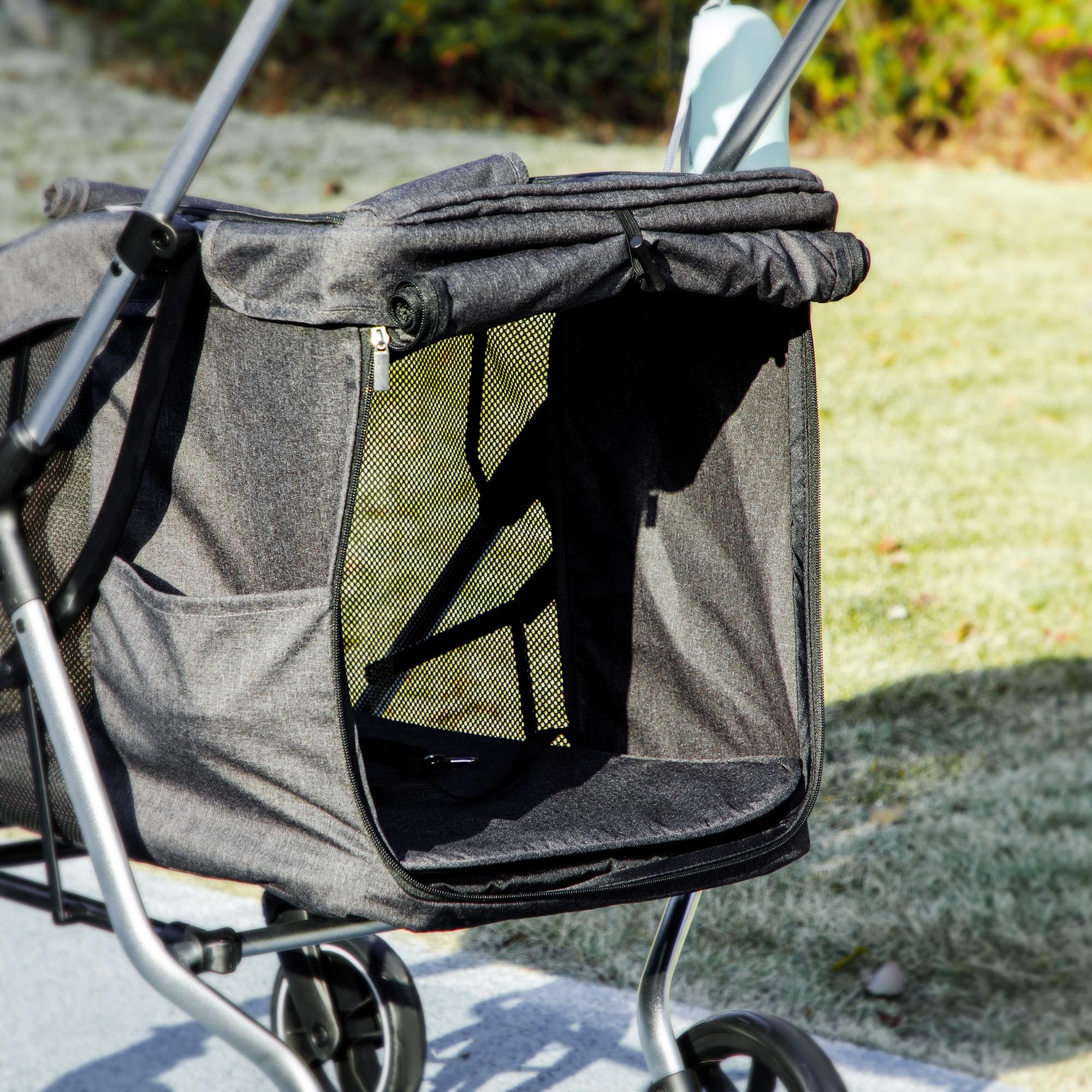 PawHut Poussette buggy pliable pour chien, porte-gobelets, laisse de sécurité, roues avec frein à 360°, fenêtre à mailles, alliage d'aluminium, chariot pour chien chat petit et miniature, gris