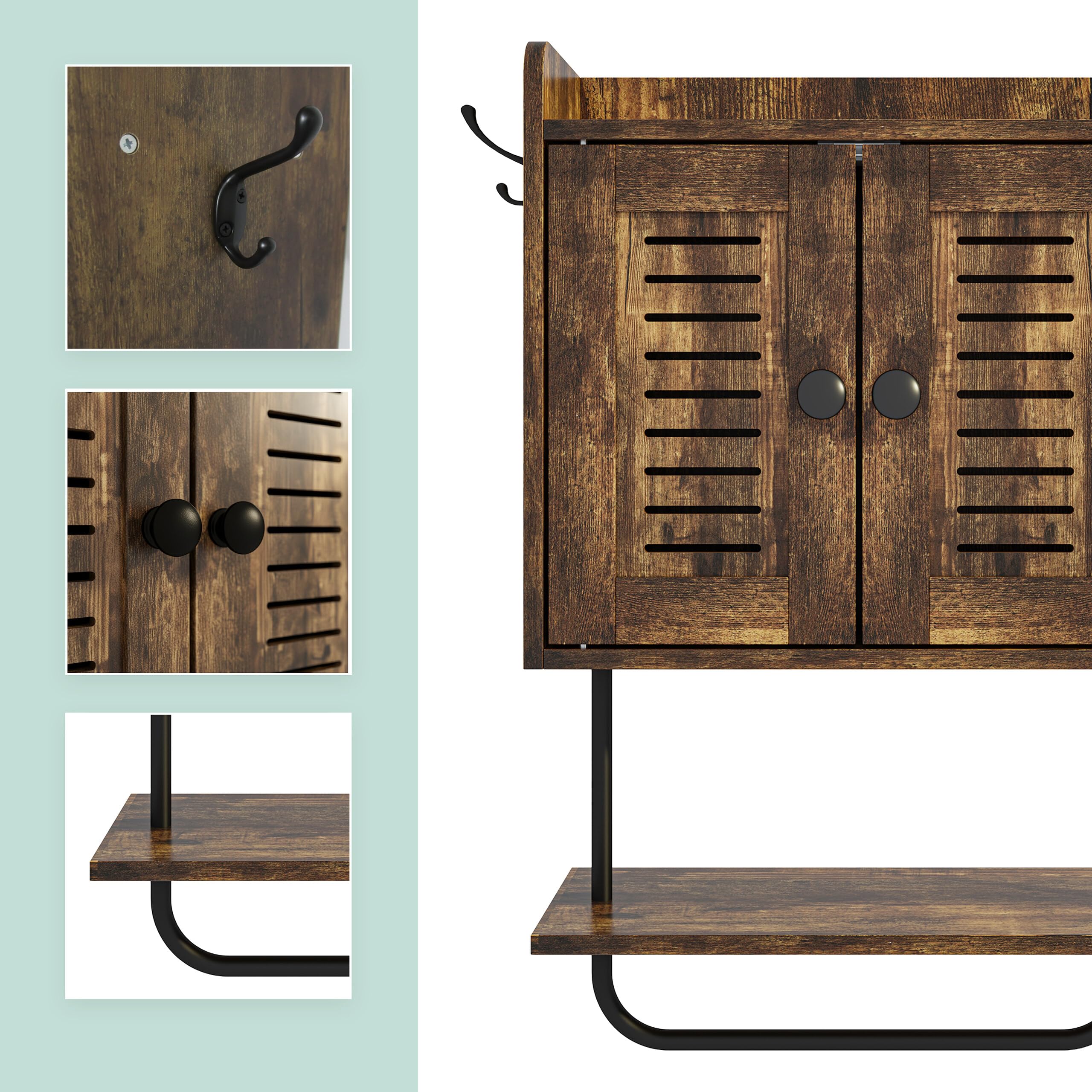 Relaxdays Armadio sospeso, porta asciugamani, 2 ganci doppi, 2 ripiani, ante, H x L x P: 61 x 40 x 17,5 cm, marrone