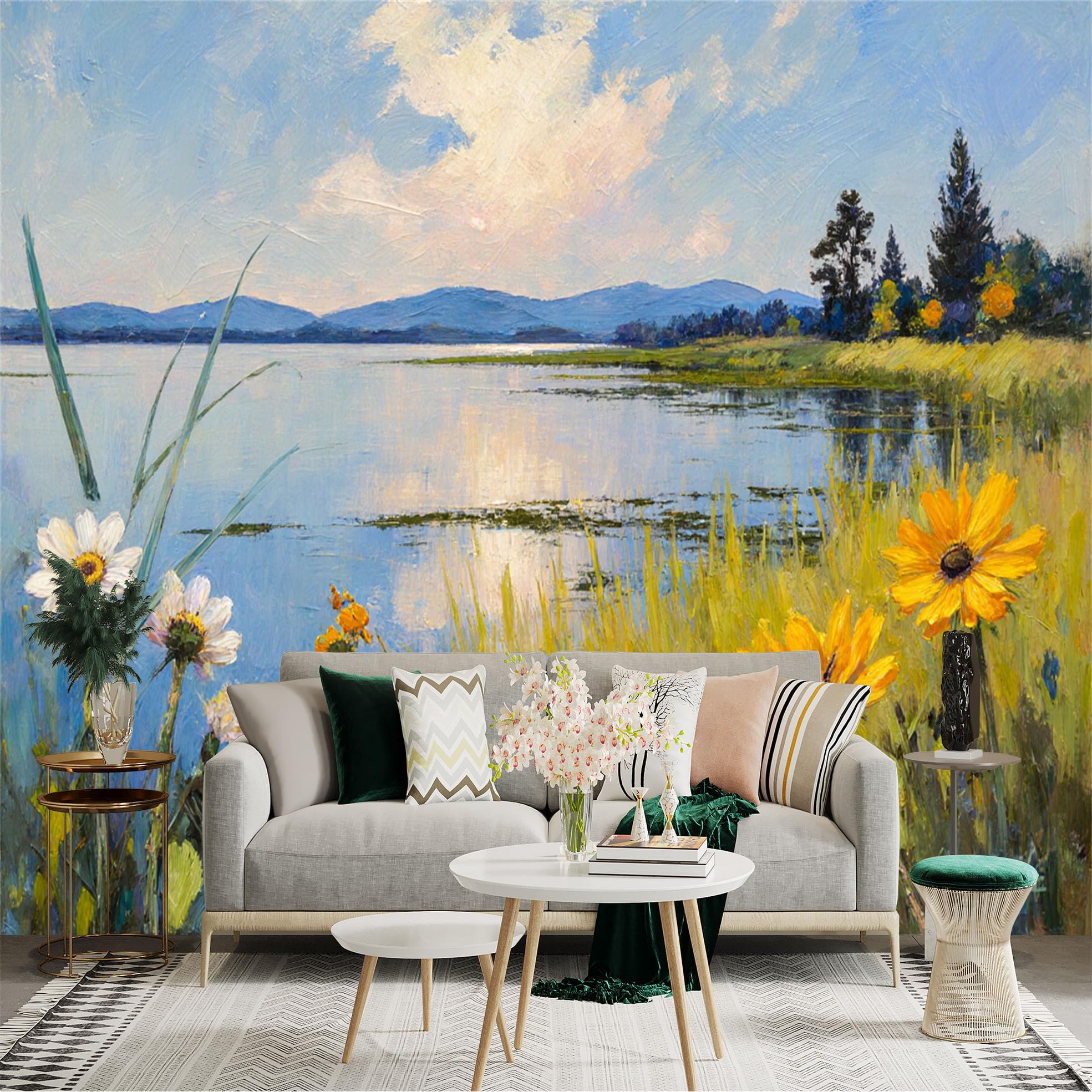 Custom Size Wall Sticker Mural， Lake View with Wildflowers， Meadow and Blue Sky Landscape， for wall Decoration， peelandstick wall Decals.