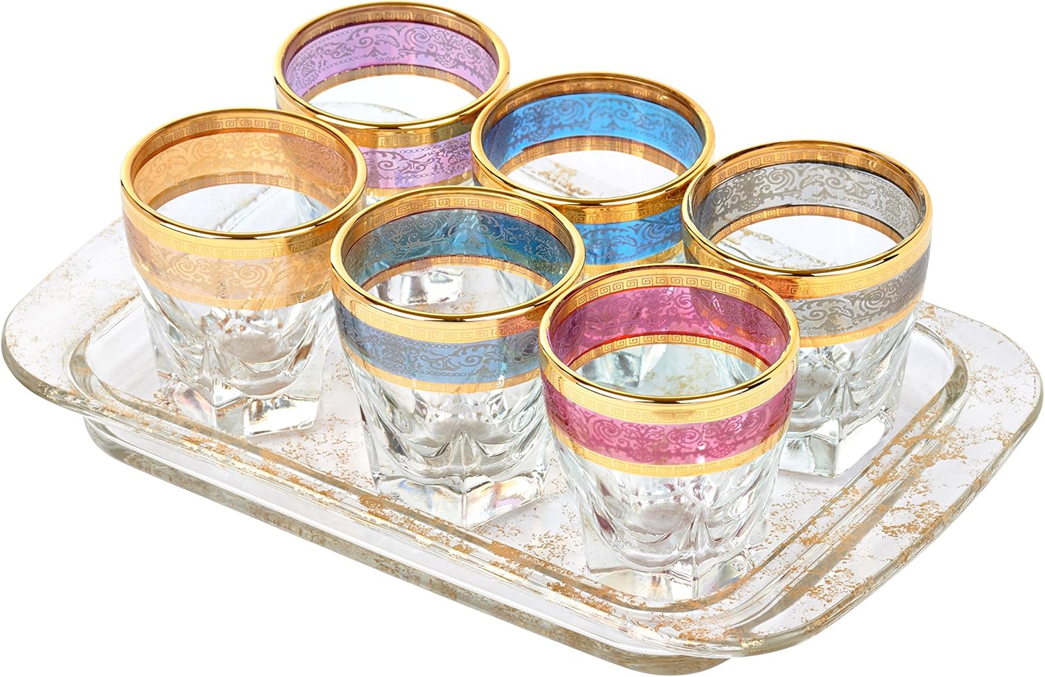 World Gifts Elegant and Modern Glass Made Drinkware Set for Hosting Parties and Events - Tray with Shot Glasses, 2 oz. Set of 7, Multi Color