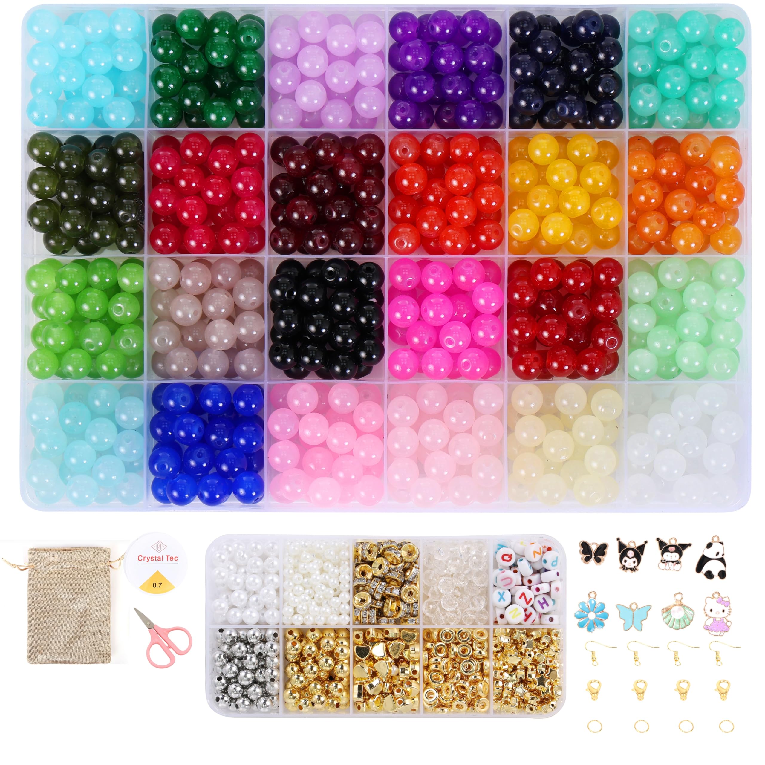 Ambitieux Bracelet Making Kit for Girls, DIY Jewelry Making Kit with 24 Colors Crackle Glass Beads, Charms, Alphabet Beads, Spacer Beads, Elastic Thread & Tools – Complete Craft Kit for Kids & Beginners (Jelly)-image-43