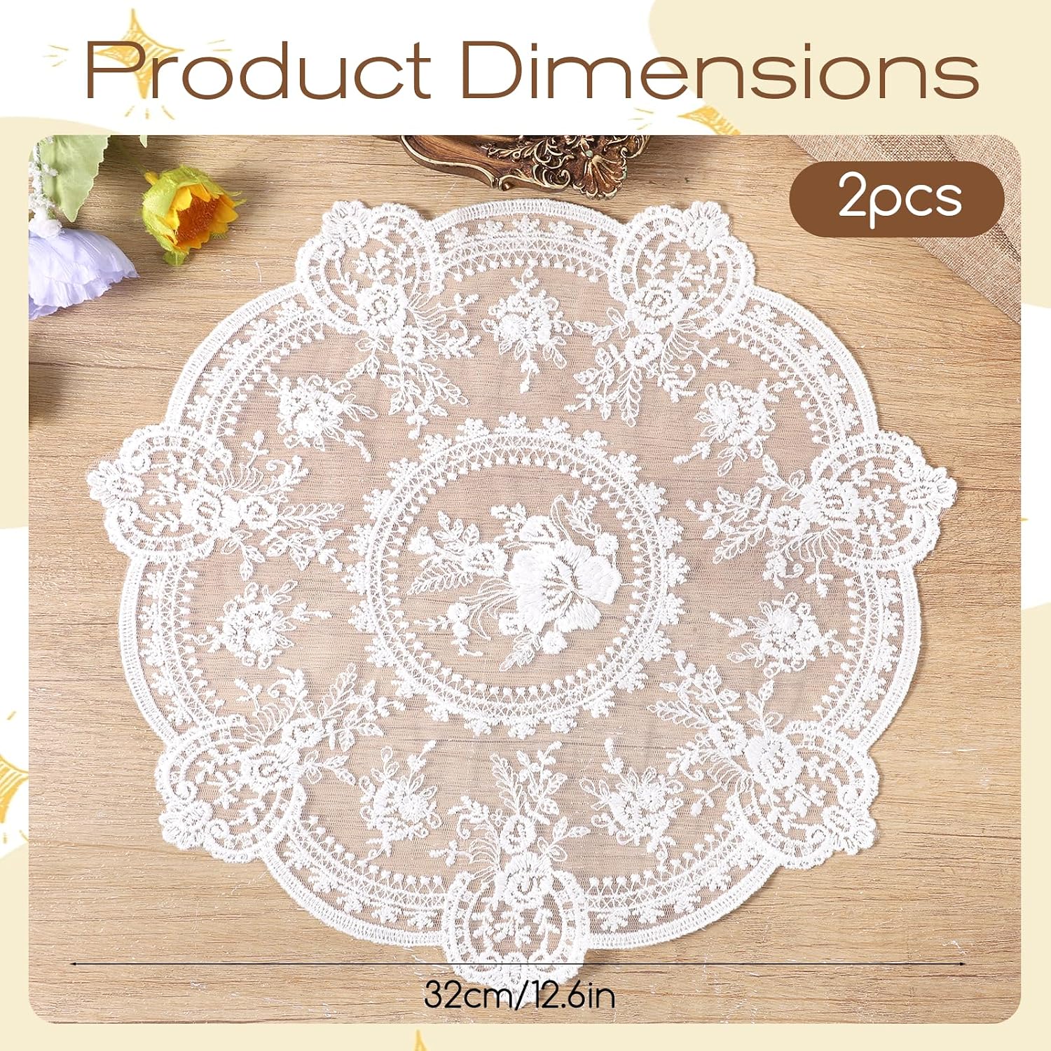 2 Pack Vintage Lace Placemats, 12.6 Inch French Crochet Doilies
