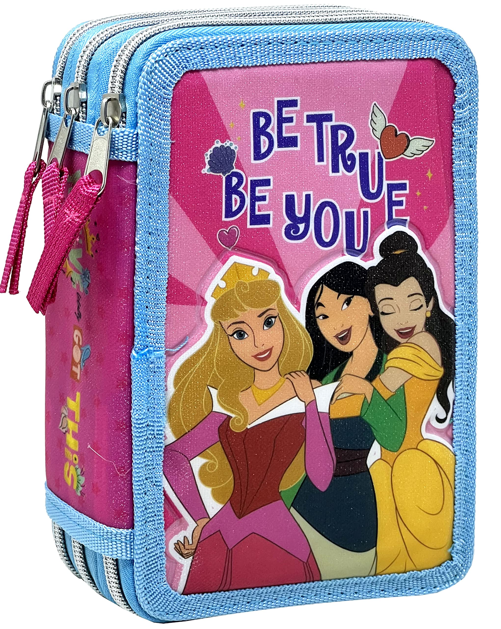 Clondo Estuche de Triple Relleno para Niñas, para Princesas Fan, 44 Utensilios Escolares, 3 Cremalleras, Lápices de Colores, Rotuladores, Tijeras, Aurora, Belle, Mulan