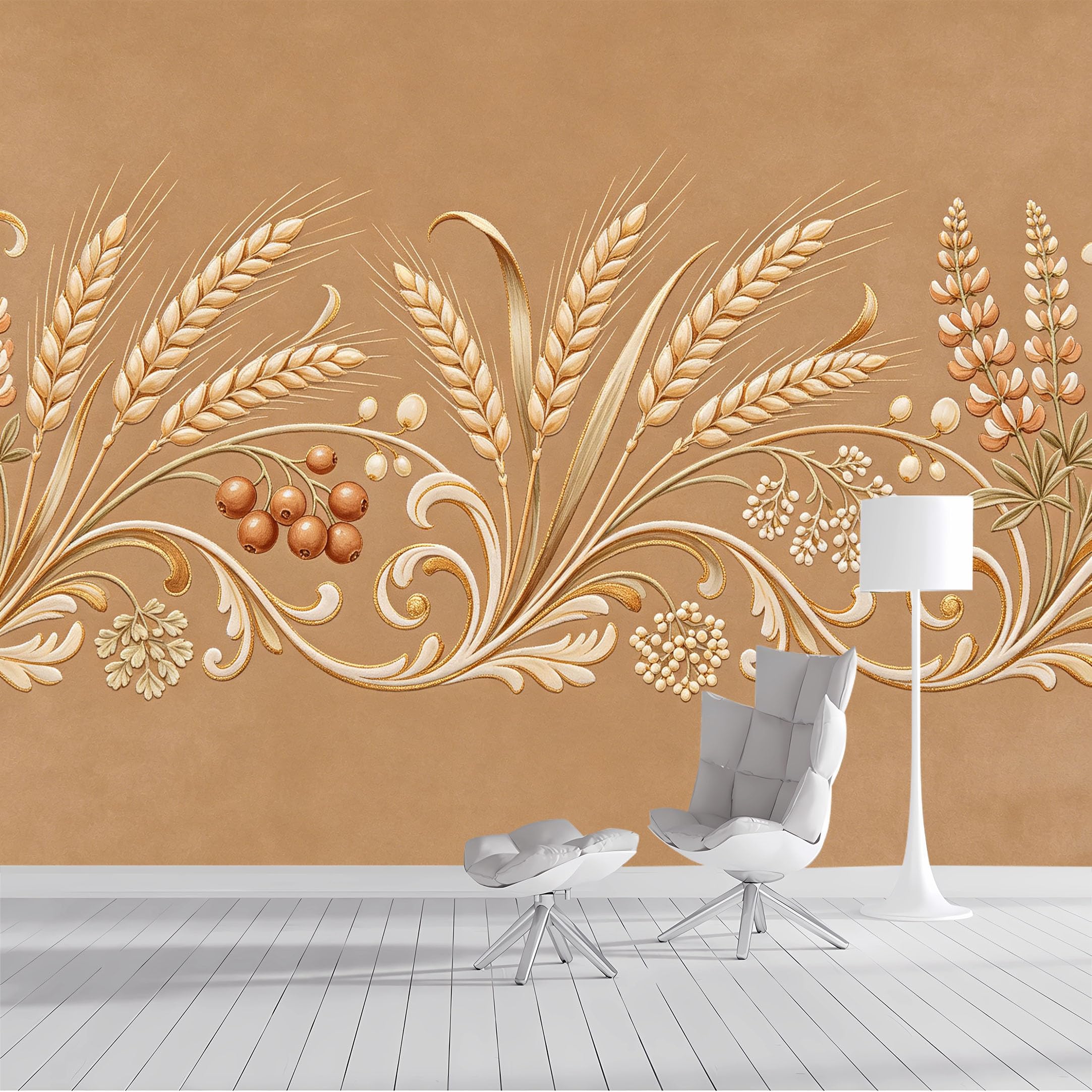 Custom Size Wall Mural Golden Wheat Floral Embossed Watercolor SelfAdhesive Wall Fabric Removable Peel and Stick Wallpaper Wall Decor for Living Room Bedroom Bathroom