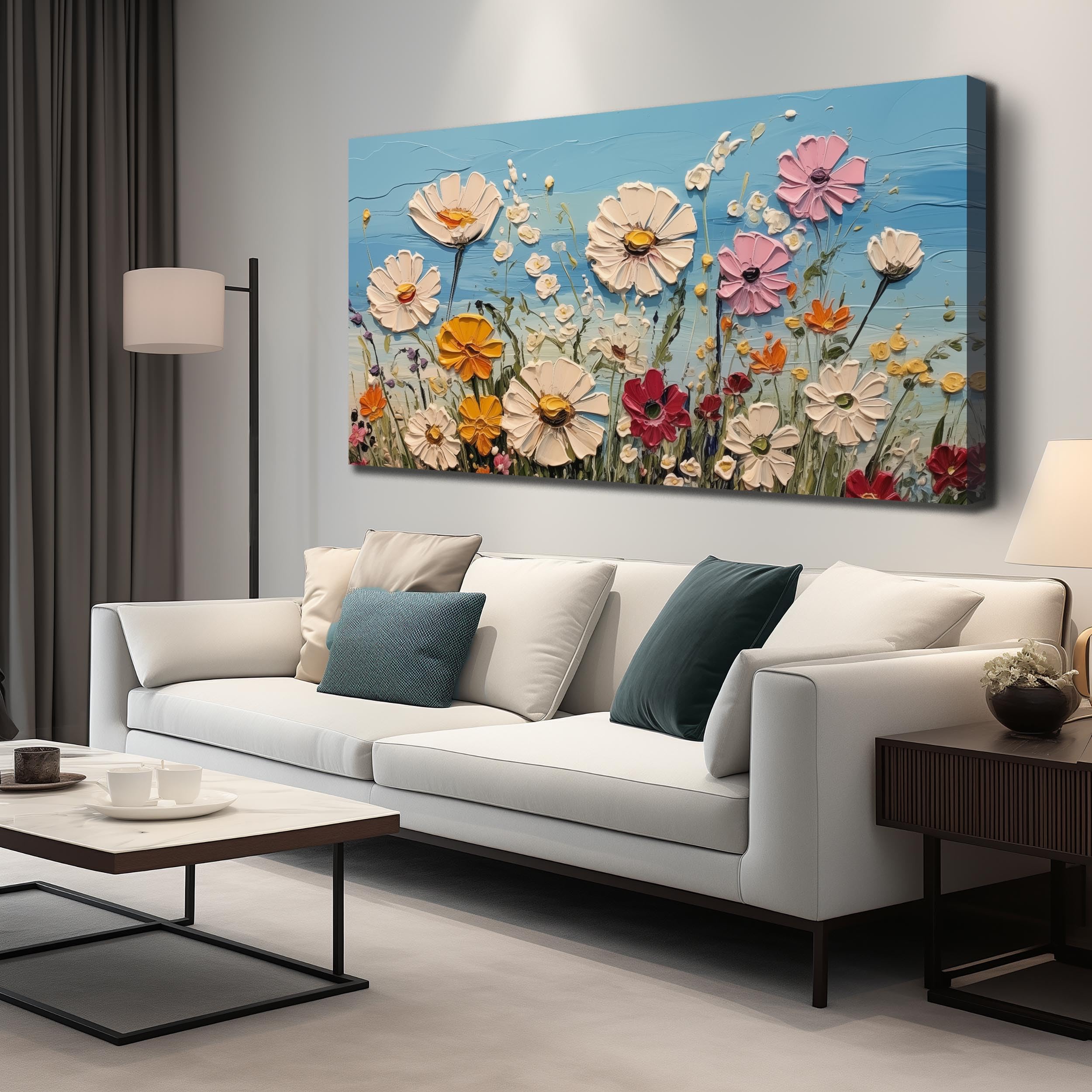 Photo 1 of SKYRISE Colorful Floral Canvas Wall Art - Abstract Flower Pictures with Blue Background for Living Room Bedroom Office Wall Decor, Printed Painting Artwork Home Decorations, Large Size 58x29 Inches