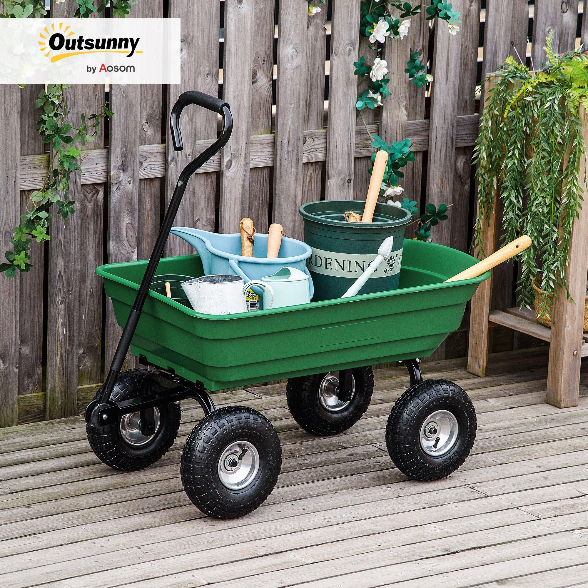 Outsunny Chariot de Jardin 100L Charge 250 kg, 4 Roues pneumatiques, poignée réglable, Remorque à Main pour Extérieur Cadre en Acier Vert