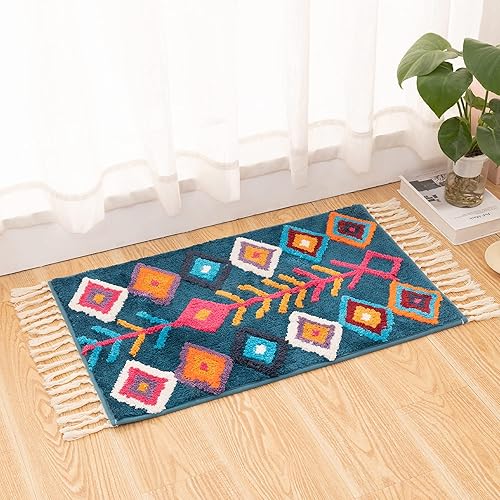 Miniatura 5 de Alfombra de baño bohemia con borlas, color azul marino, antideslizante, con flecos, para casa de campo, alfombra de baño esponjosa, lavable para