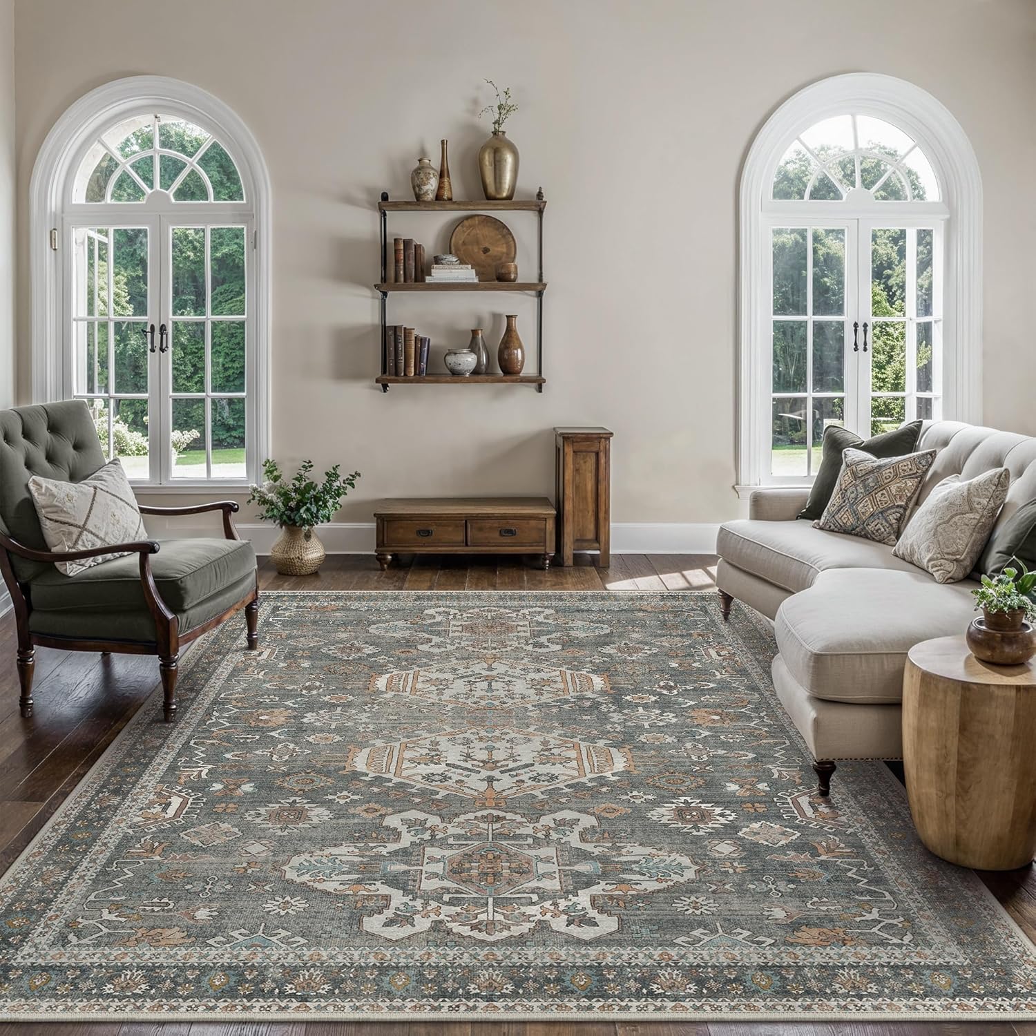 Bavni Washable Rugs 8x10 Area Rug for Living Room Bedroom, Print Vintage Aesthetic Chenille Carpet Rug, Ultra-Thin Low Pile Rugs for Dining Room Home Office with Non Slip Backing, Grey
