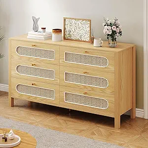 GOOBED Natural Rattan 6 Drawer Dressers - Oak Wooden Dresser Chest of Drawers with Golden Handles - Modern Large Boho Dressers Storage Cabinet for Living Room/Hallway/Entryway