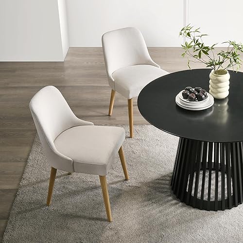 Miniatura 6 de Juego de sillas de comedor tapizadas de mediados de siglo, tela de lino crema, asiento acolchado, patas de madera de goma, sillas decorativas