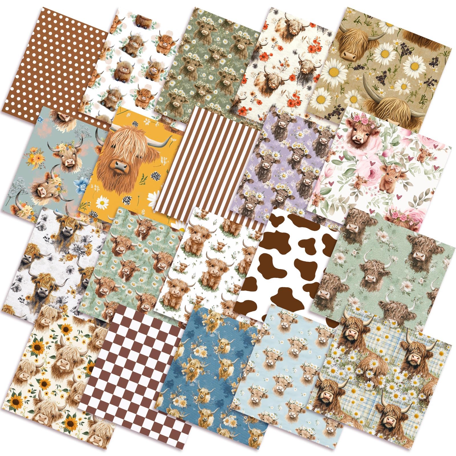 Ganeen 60 Pcs 10 x 10 Inch Vintage Highland Cow Quilting Fabric Squares