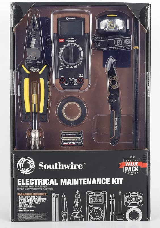 Kit de herramientas de mantenimiento eléctrico que incluye alicates multiherramienta, multímetro, destornillador de puntas múltiples, navaja de bolsillo compacta, faro LED, fusibles de cuchilla, bridas y cinta aislante | Incluye alicates multiherramienta, destornillador de puntas múltiples, faro LED, navaja de bolsillo, fusibles, bridas y cinta aislante.
