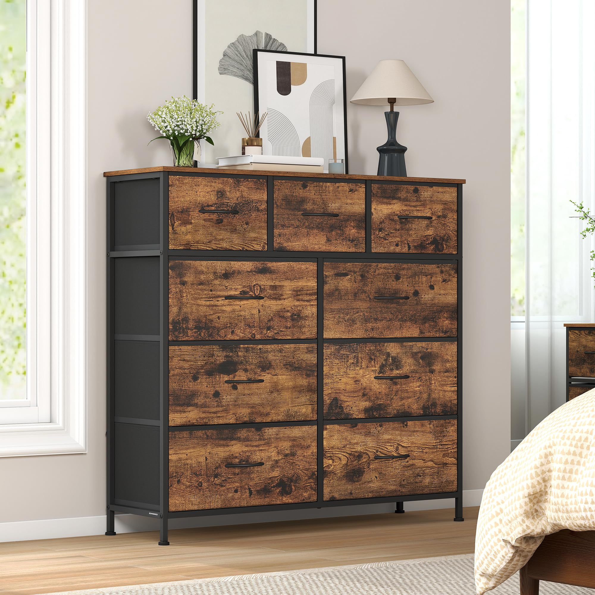 SONGMICS Chest of Drawers, 9 Storage Drawers Bedroom, Storage Unit, Steel, MDF, Non-Woven Fabric, for Bedroom, Closet, Hallway, Living Room, Rustic Brown and Ink Black LGS324BH04