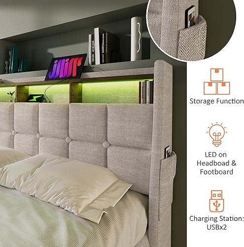 Miniatura 13 de Base de cama LED tapizada tamaño Queen, plataforma flotante de terciopelo con cabecero, MDF moderna y cama de madera contrachapada (beige-081)