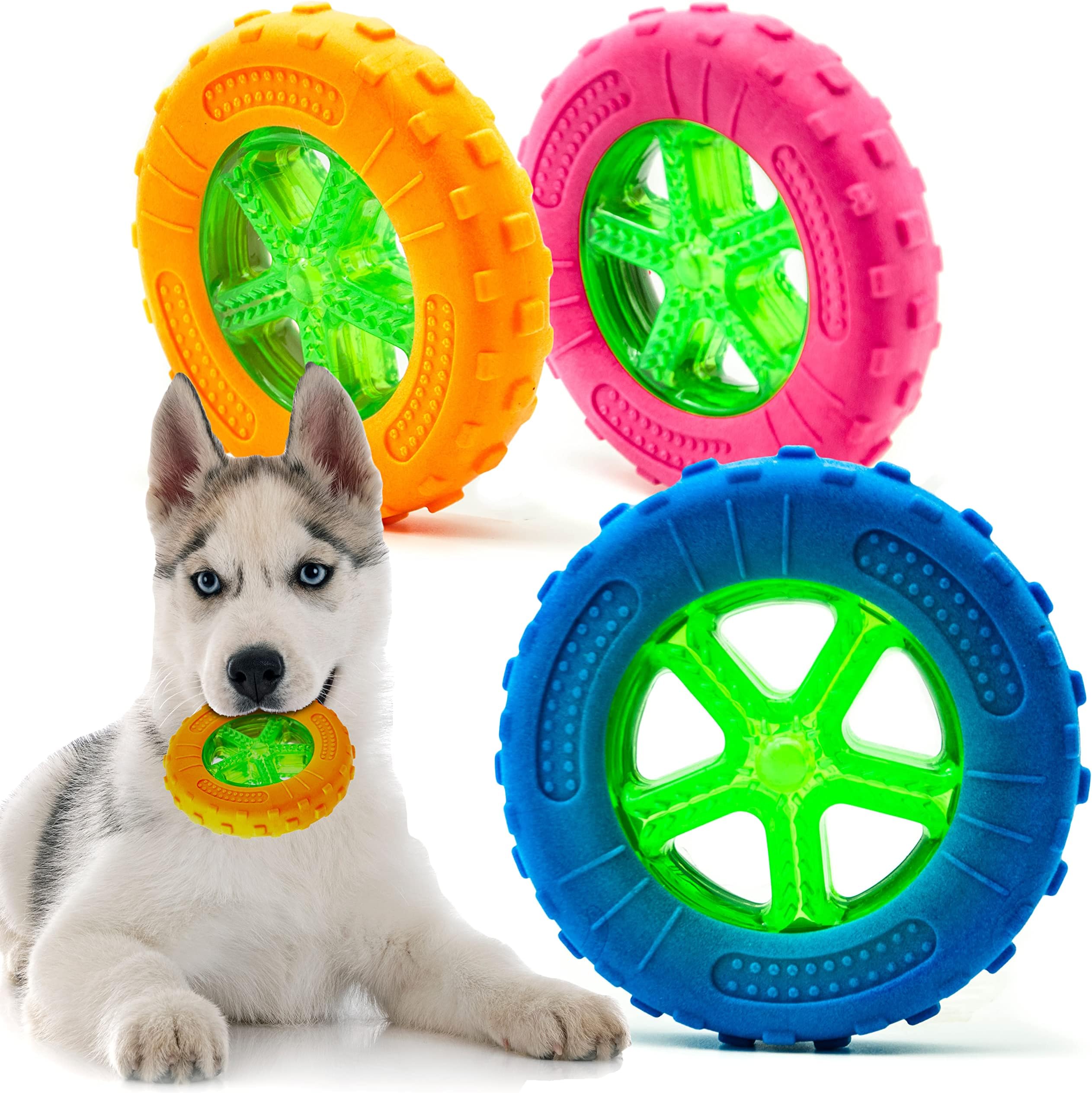 Petopedia2x 5 inches โ Rubber Dog Chew Toys TIRE โ Bright TYRE WHEEL โ TPR Dogs Toy with Treat Dispensing, Fetch Play โ Interactive, Boredom, Floating, Puppy Teething Toys (Pack of 2)