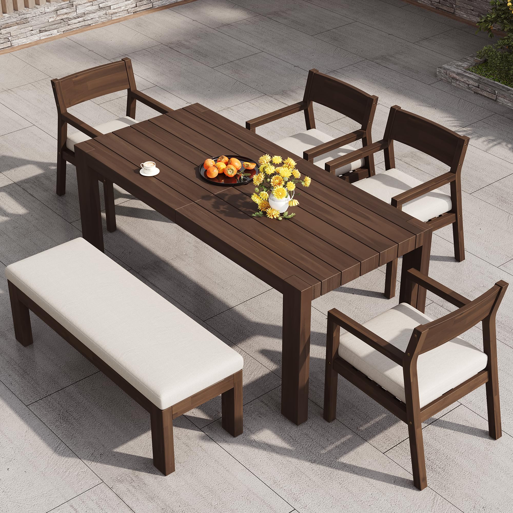 Photo 1 of *** MAJOR DAMAGE/TABLE ONLY***Merax 6-Piece Patio Dining Set with Bench & Chairs, Acacia Wood Table with Umbrella Hole, Outdoor Furniture Set with Removable Cushions, Rustic Garden Dining Set for Backyard, Poolside, Beige + Mocha