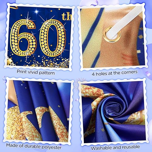 Miniatura 4 de Decoraciones de cumpleaños 60 para hombres y mujeres, pancarta de 60 cumpleaños azul marino y dorado y 18 globos de cumpleaños de 60 años,