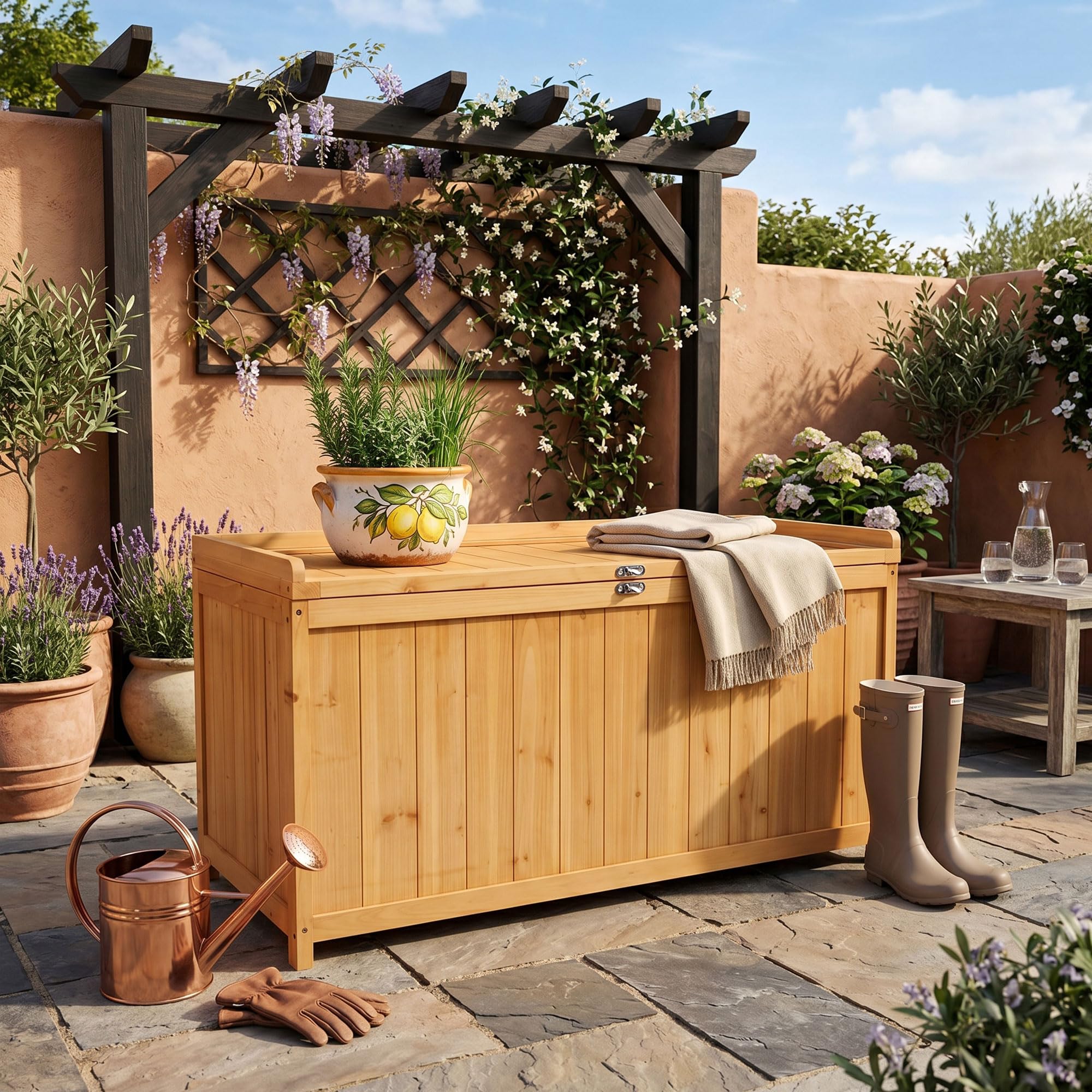 FRANKYSTAR Cubo - Coffre de rangement extérieur 113 x 60 x 53 cm en bois d'acacia avec fermeture à cadenas