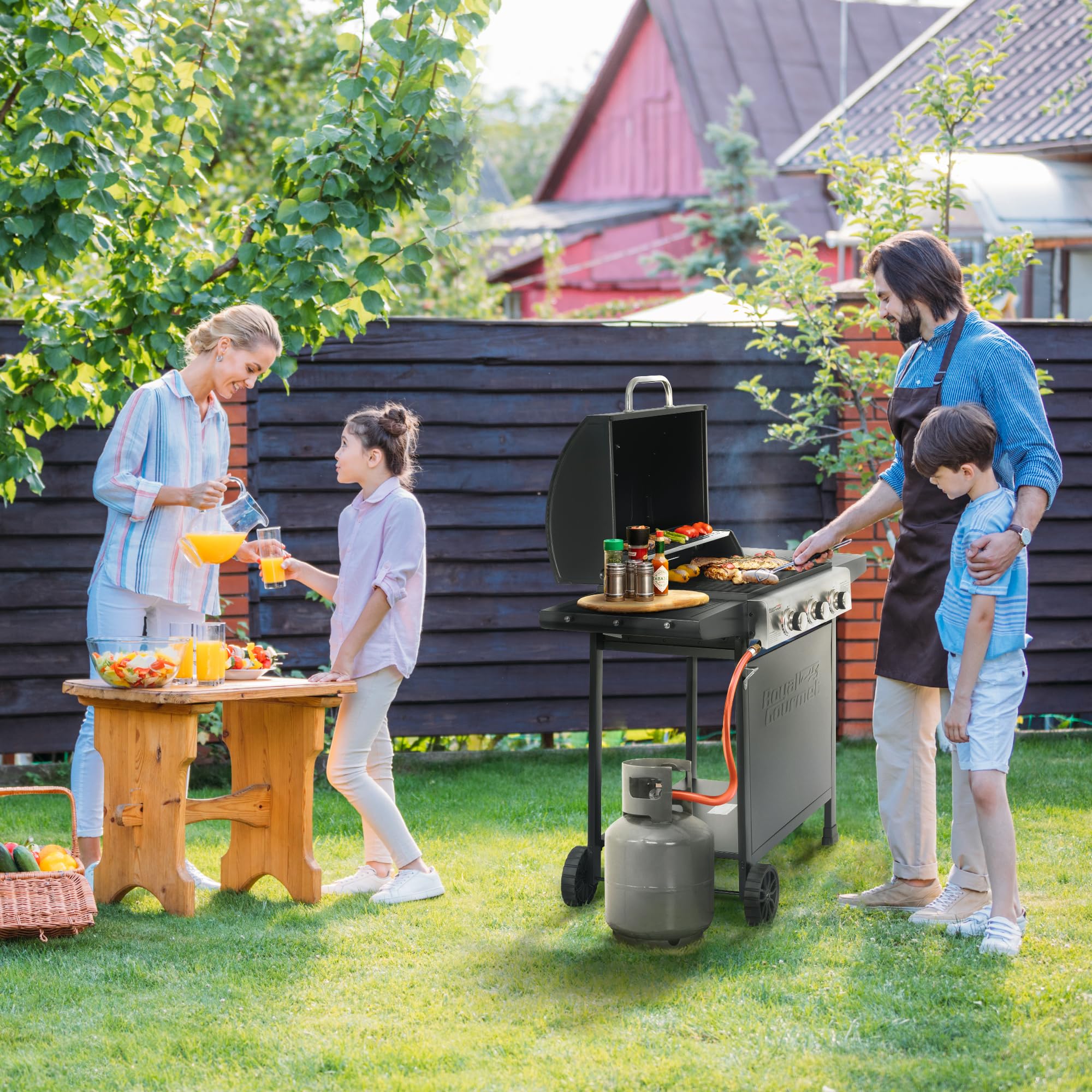 Royal Gourmet Gasgrill Grillwagen 3 Brenner 9 kW Camping Gaskocher mit Kochplatte, Gartengrill mit Flaschenöffner, Druckminderer und Gasschlauch Grillrost ca. 60 x 42 cm, Schwarz