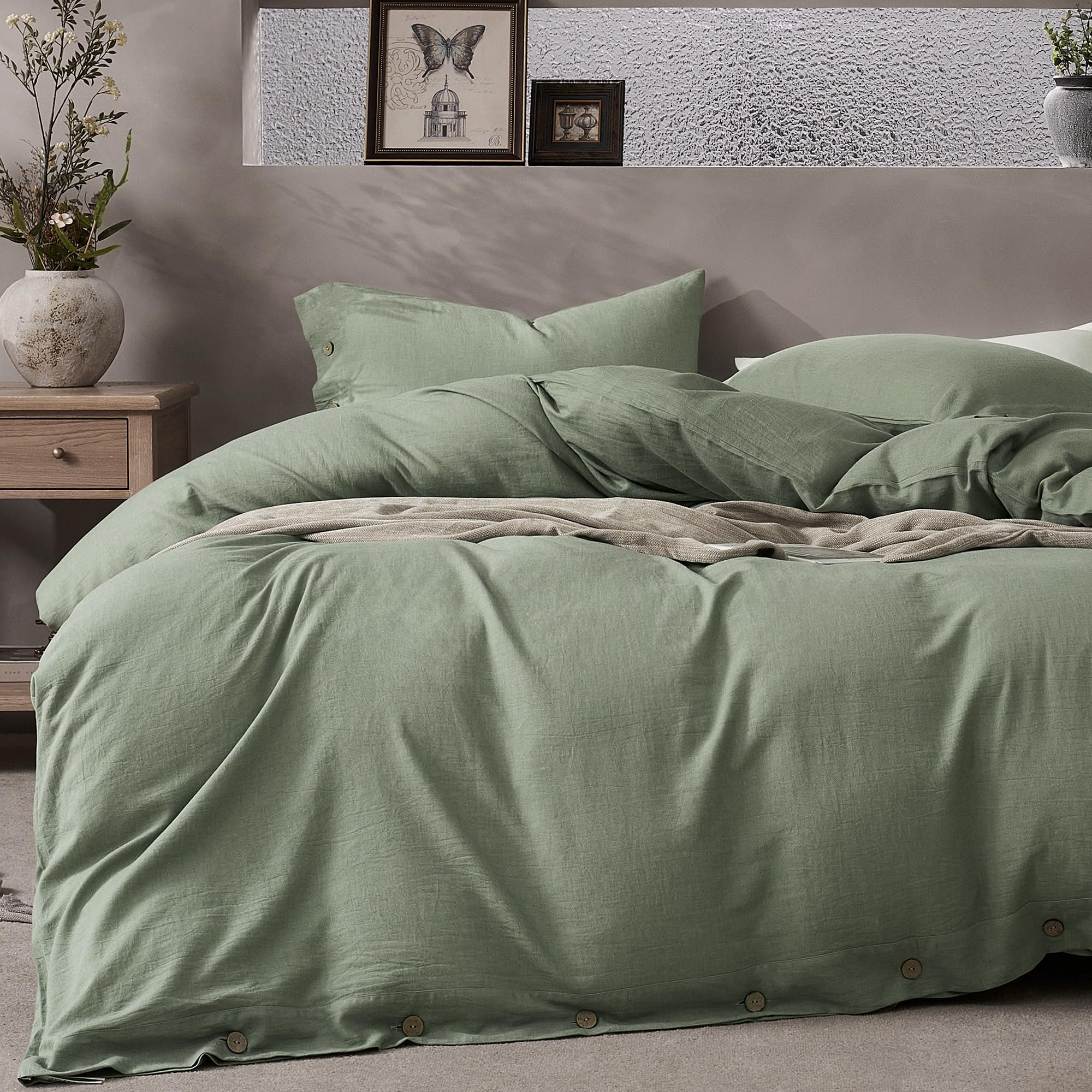 Photo 1 of JELLYMONI Cotton Duvet Cover Queen Size - Sage Green Comforter Cover with Button 100% Washed Cotton 3PCS Breathable Soft Solid Bedding Set Duvet Cover 90×90in & 2 Pillowcases (NO Comforter)