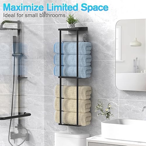 Miniatura 7 de Toallero para baño, organizador de almacenamiento de toallas enrollado vertical montado en la pared con estante, capacidad para 6 toallas de baño