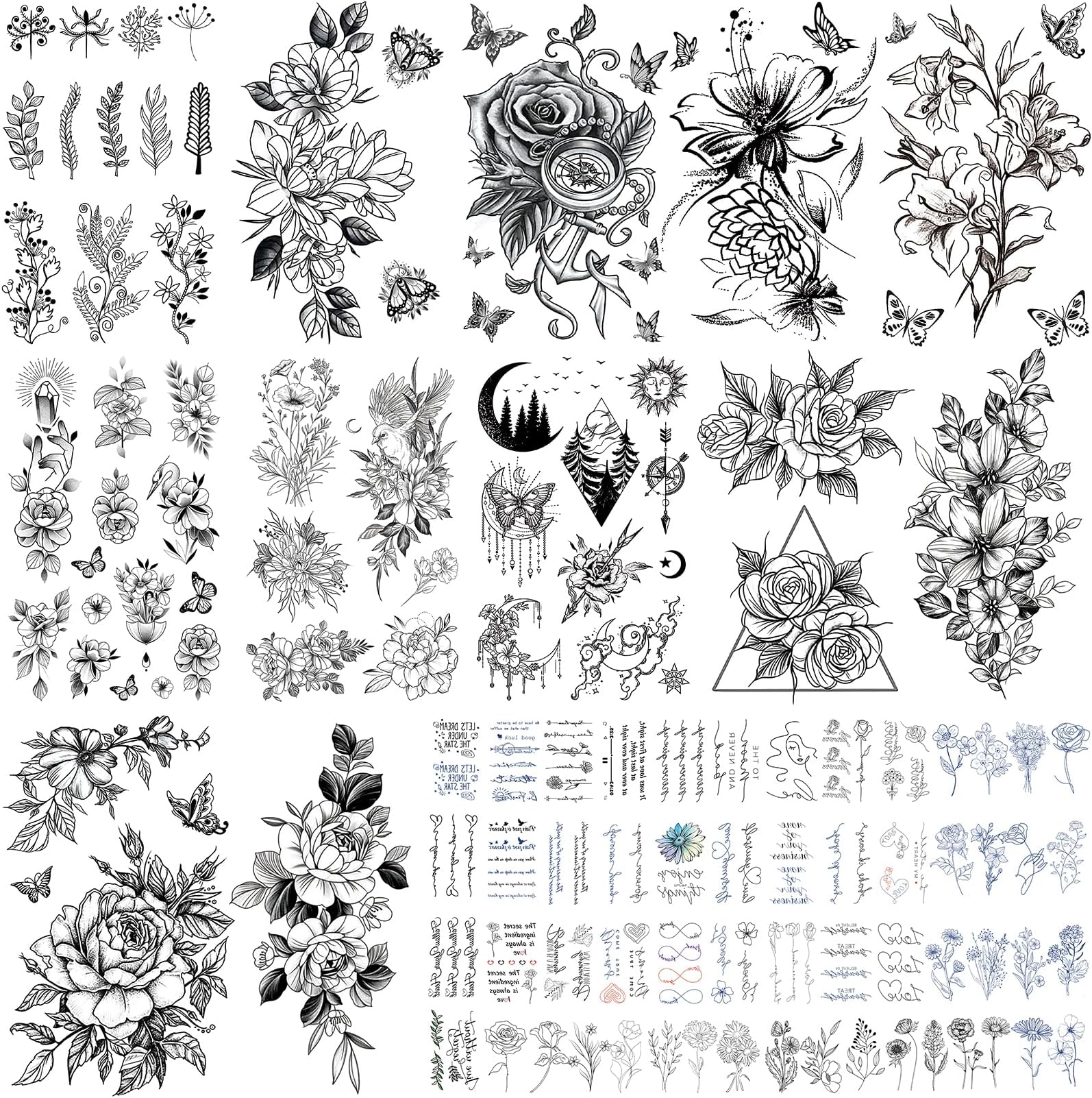 VERKSTAD Christmas Black Temporary Tattoos for Women, Waterproof Flower Butterfly Fake Tattoos for Girls, Floral Letter Writing Symbol Tattoo Kits Hand Body Art for Parties Festivals Everyday Wear