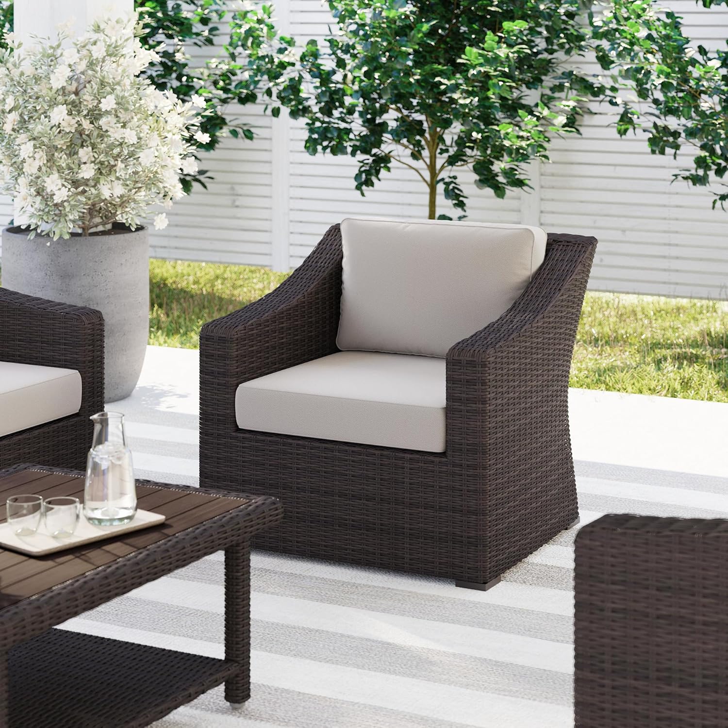Martha Stewart Bedford Indoor-Outdoor Patio Accent Chair with Rattan Wicker Finish in Brown with Tan All-Weather Cushions
