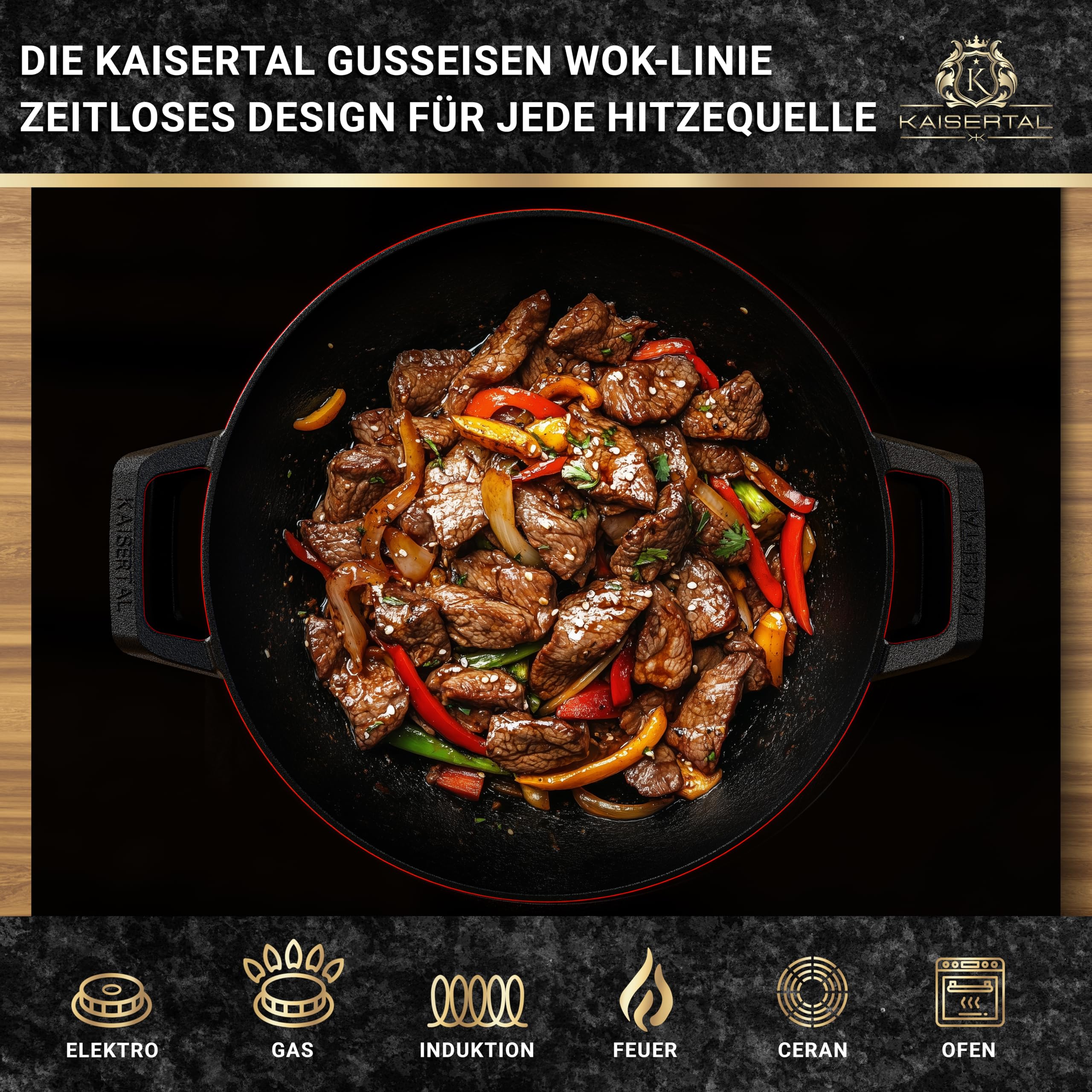 KAISERTAL® Gusseisenpfanne 32cm – Gusspfanne Induktion & Cast Iron Pan – Gusseisen Pfannen für Indoor & Outdoor, Backofengeeignet, voreingebrannt, Robuste Iron Cast Pan für Braten, Schmoren & Grillen