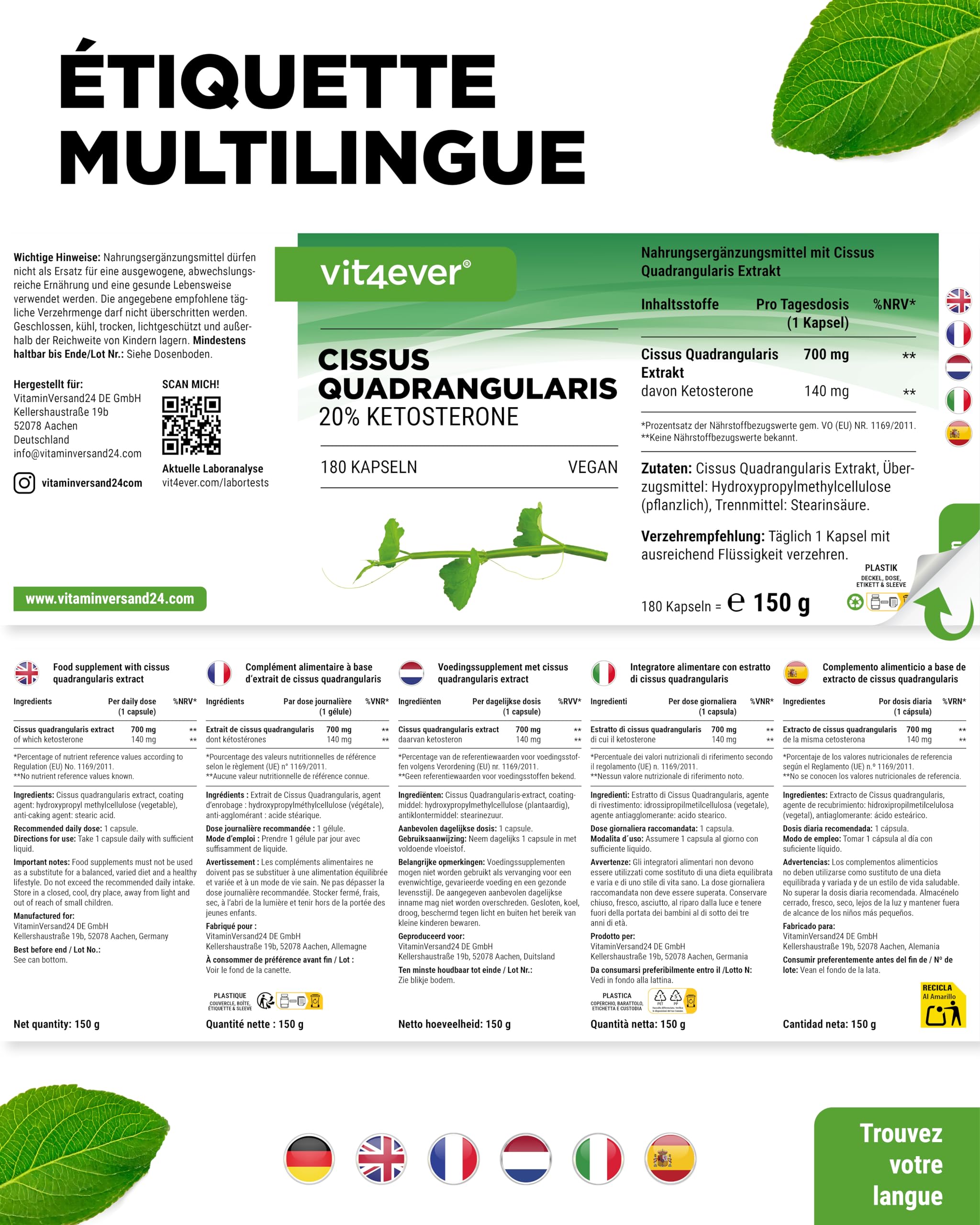 vit4ever Cissus Quadrangularis - 180 Gélules avec 700 mg d’Extrait - Premium : 20% de Cétostérones - Forte Dose - Végan