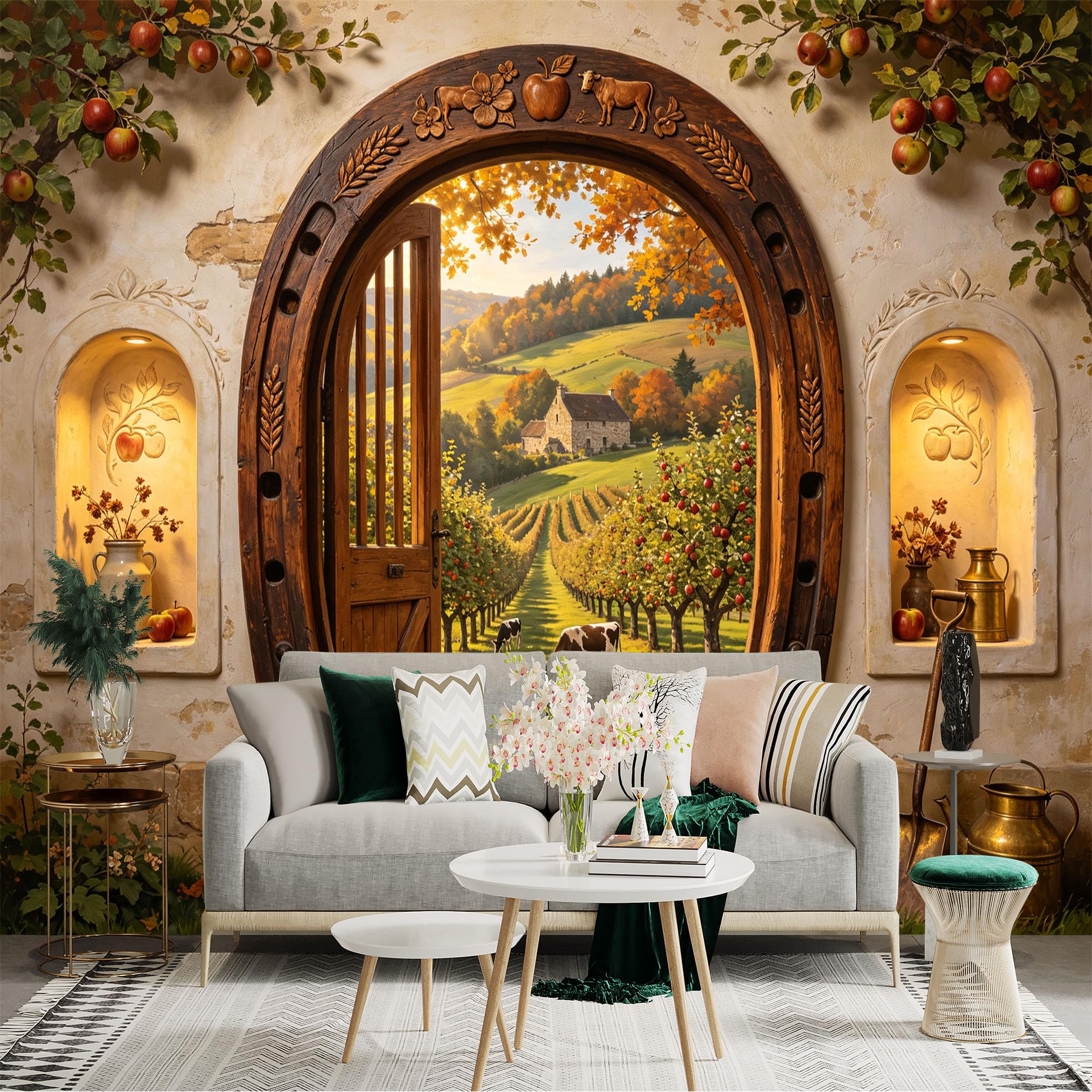 Custom Size Wall Sticker Mural， Rustic Farmhouse Orchard Landscape with Wooden Arch Door and Countryside View， for wall Decoration， peelandstick wall Decals.