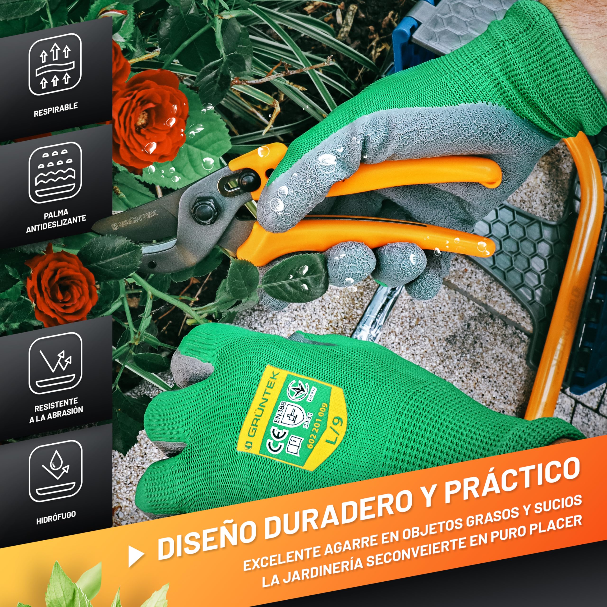 GRÜNTEK Guantes de Trabajo Jardinería 15 PARES para Hombre y Mujer Talla L/9 Guantes de Seguridad Palma de Latéx