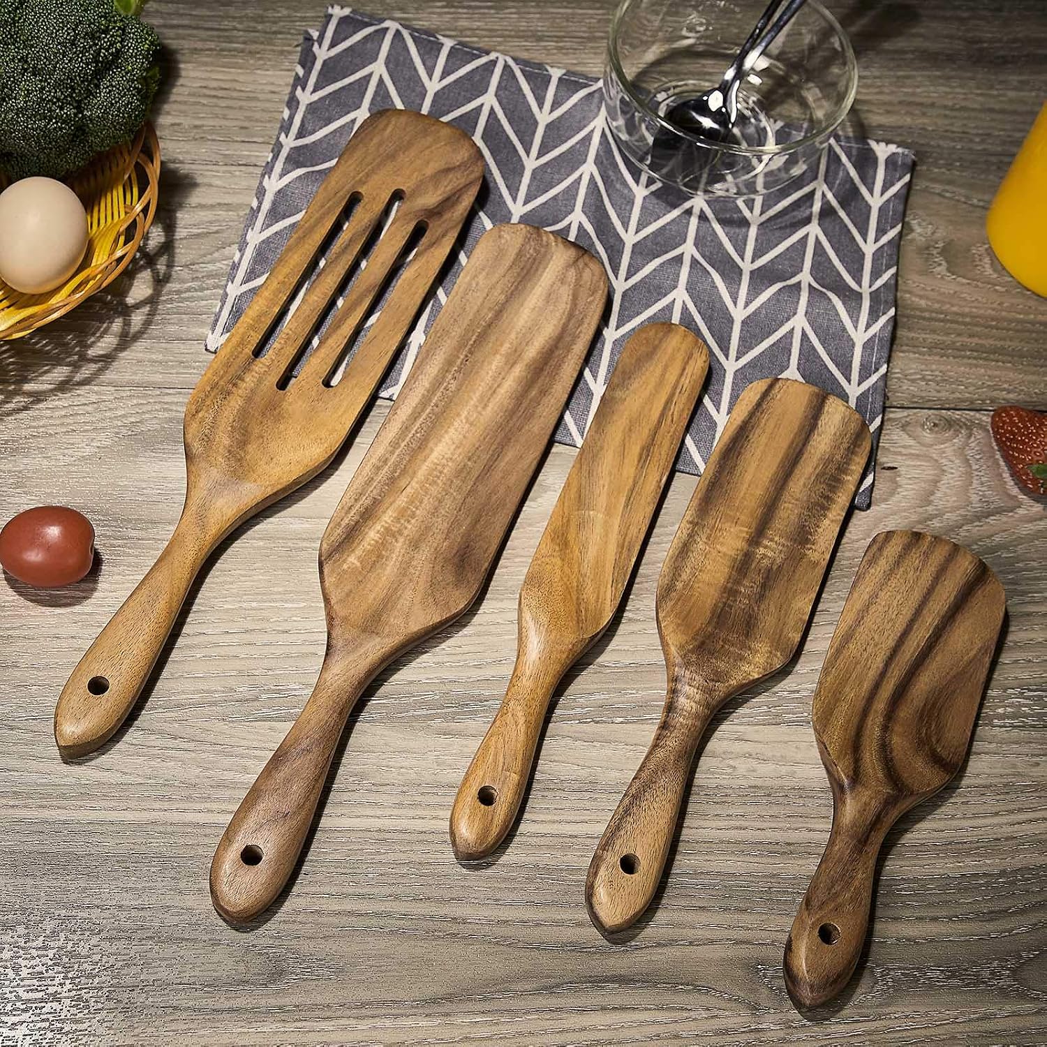 Spurtle Set, Natural Teak Wood Kitchen Utensils Set, 100% Healthy and Heat Resistance Wooden Cooking Utensils Set for Non Stick Cookware and Instant Pot (5 pcs)