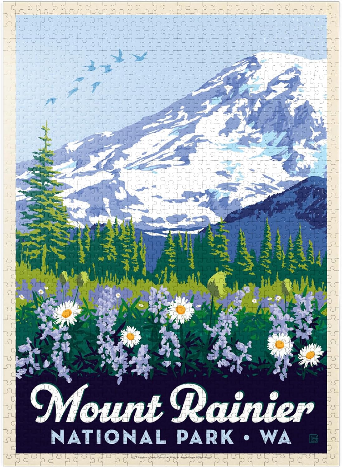 MyPuzzle Mount Rainier National Park: Wildflowers, Vintage Poster - Premium 1000 Piece Jigsaw Puzzle for Adults