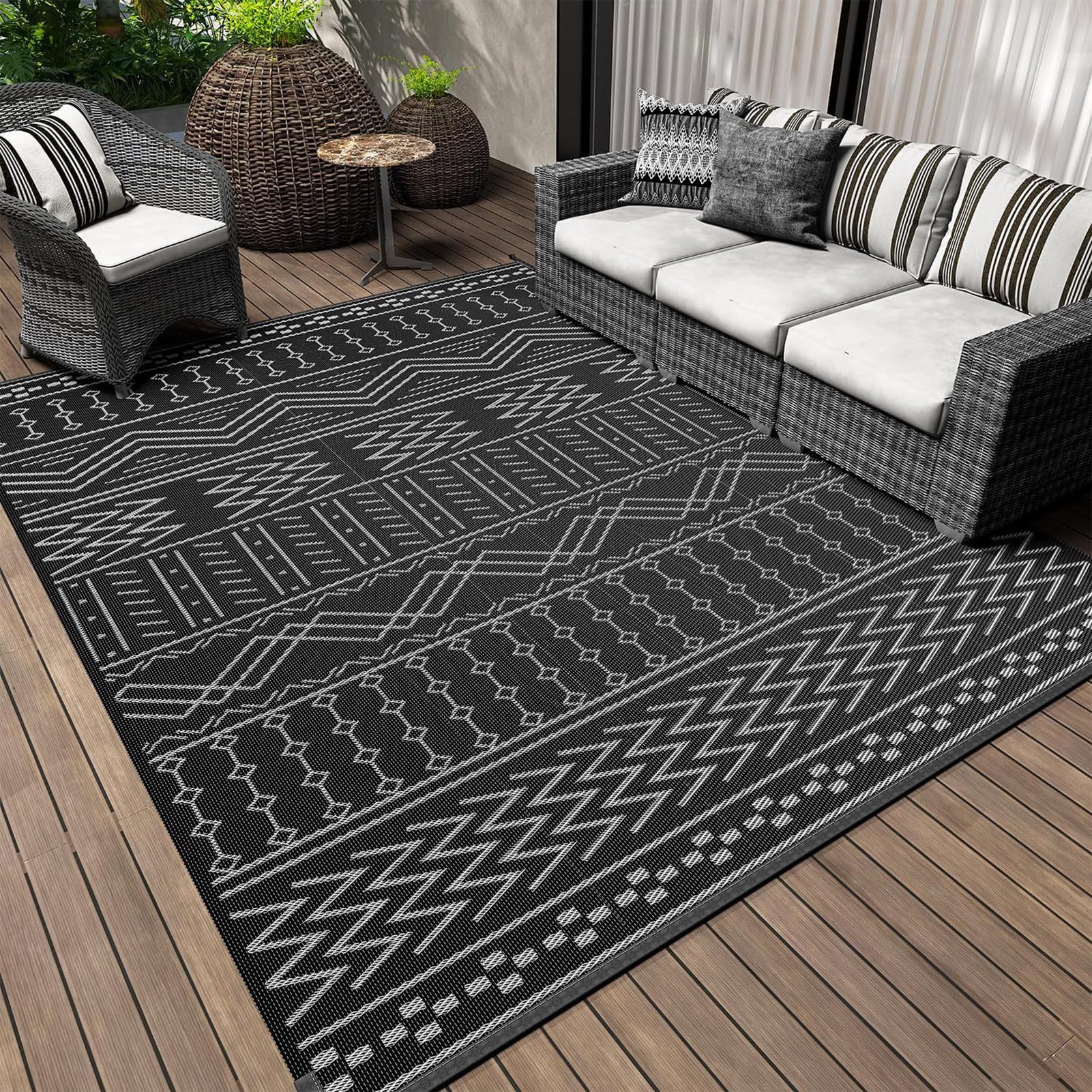 Czarno-biały dywan na patio na zewnątrz, zmywalny, antypoślizgowy silikonowy dywanik na podwórko i taras, łatwe czyszczenie, 60 x 90 cm, wodoodporna mata