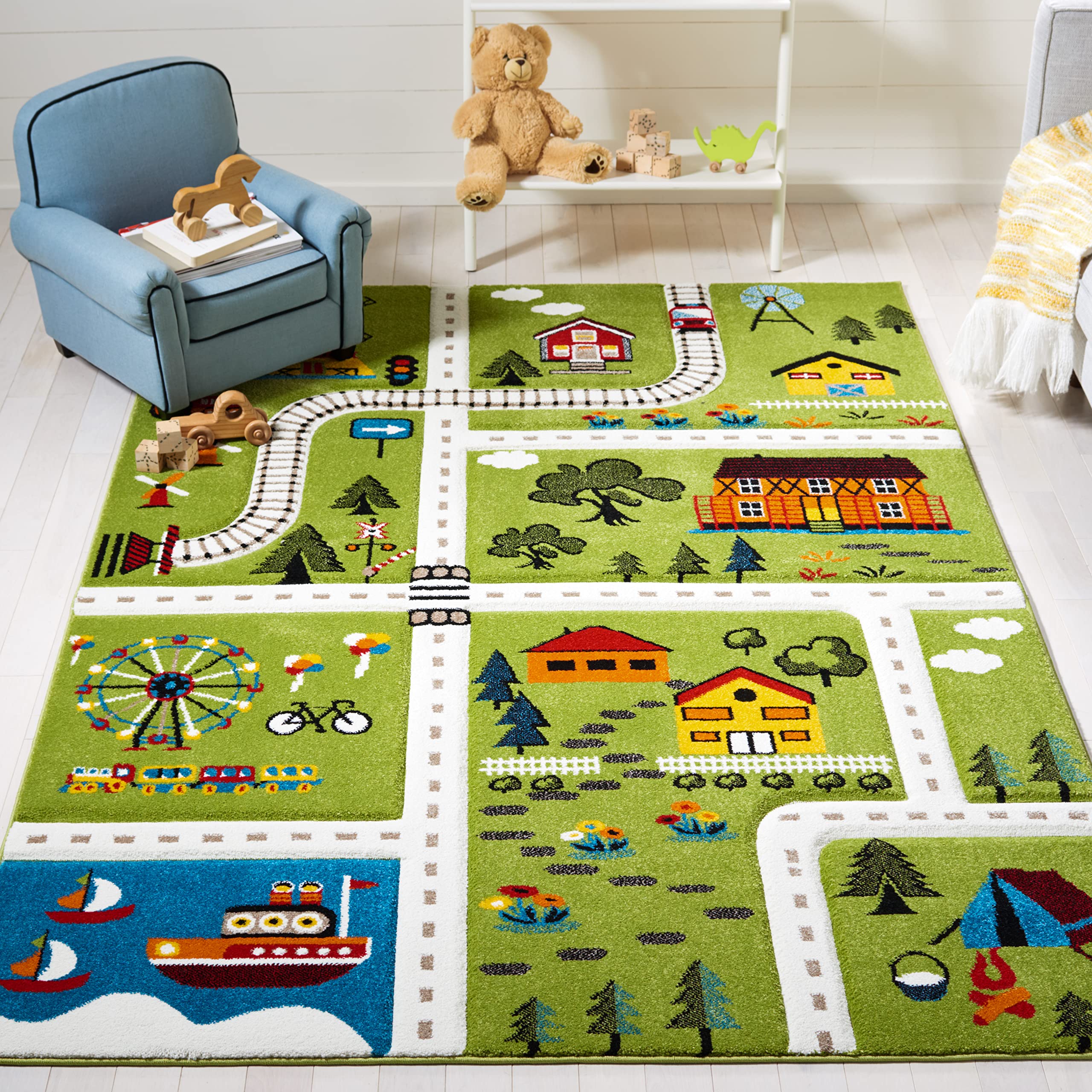 SAFAVIEH Area Rug 8x10 - Carousel Kids Collection - Large - Green & Beige, Non-Shedding & Easy Cleaning, Ideal for Boys & Girls in Playroom, Nursery,