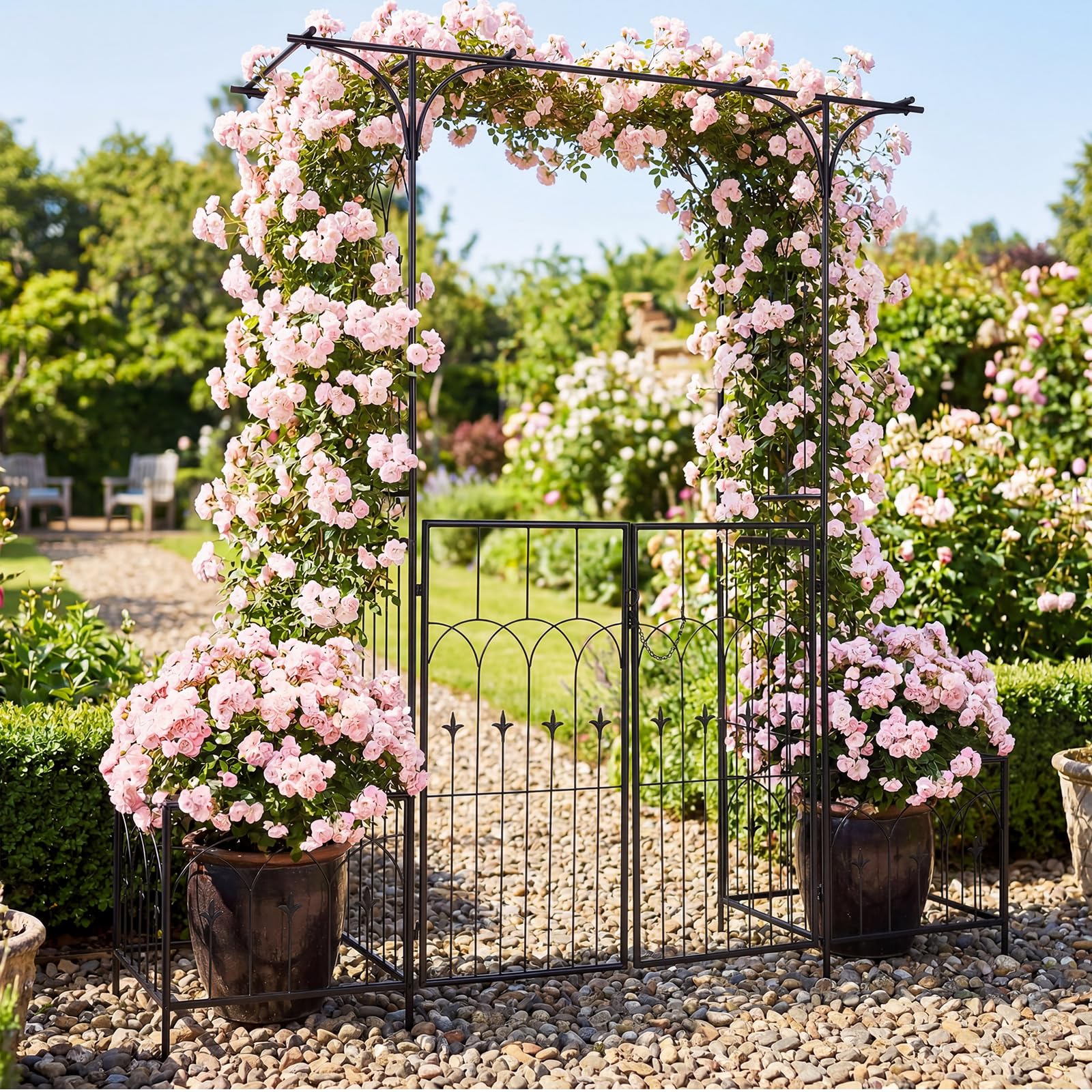 HOMASIS Arco da Giardino per Piante Rampicanti, Pergolato in Metallo con Fioriere, Cancello con Serratura, Decorazione da Esterno per Festa, Cerimonia e Matrimonio, 200 x 51,5 x 206 cm